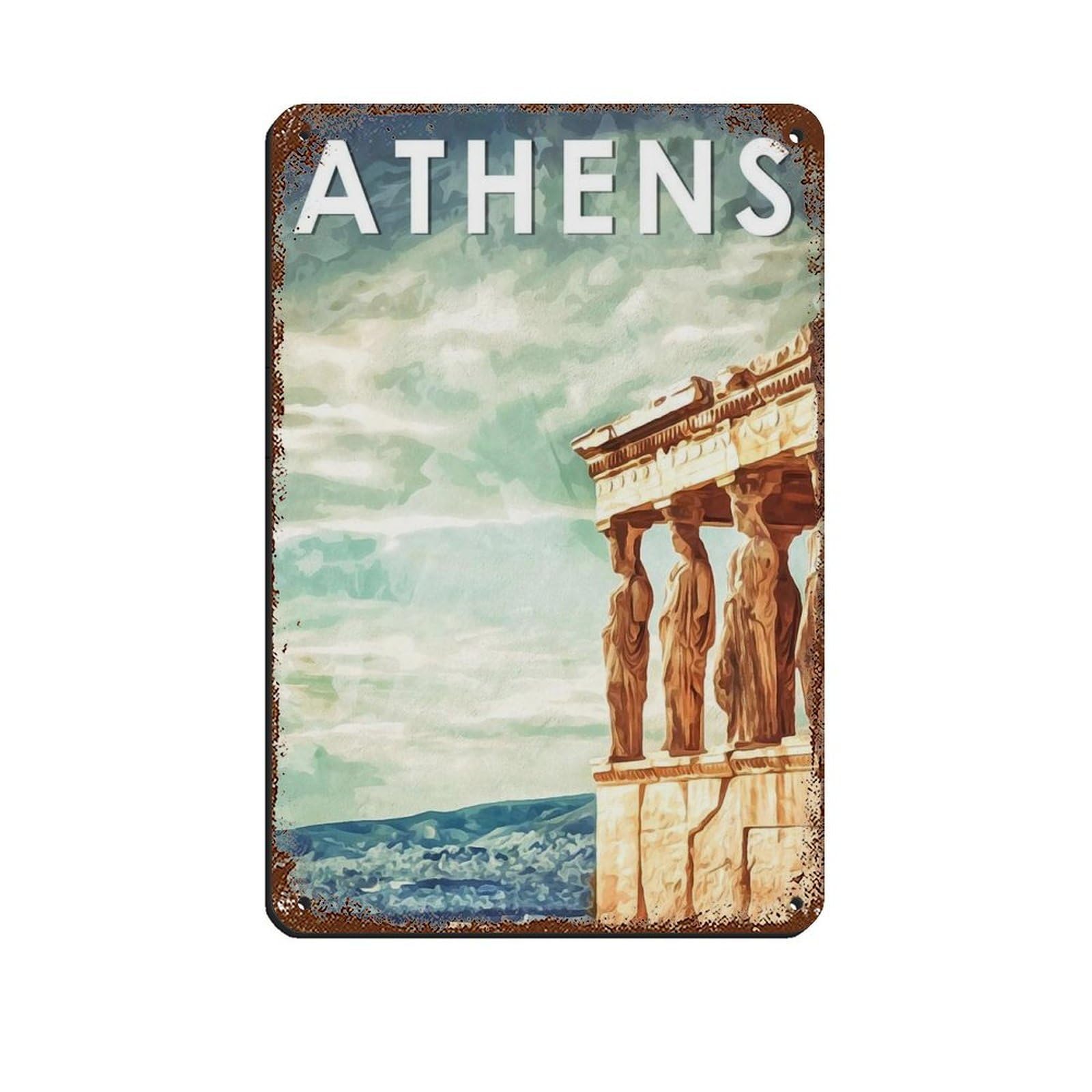 Athens Travel Poster, Greece Poster Retro Poster Metal Tin Sign Chic Art Retro Iron Painting Bar People Cave Cafe Family Garage Poster Wall Decoration 8x12inch(20x30cm)