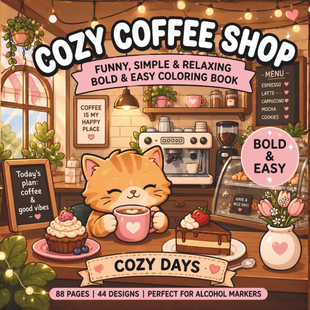 Cozy Coffee Shop: V.I.P. Edition | Funny and Relatable Bold and Easy Coloring Book for Adults and Teens | Cute Simple Cafe Puns and Sweets Designs for Alcohol Markers | 8.5 x 8.5 Inch Square Edition