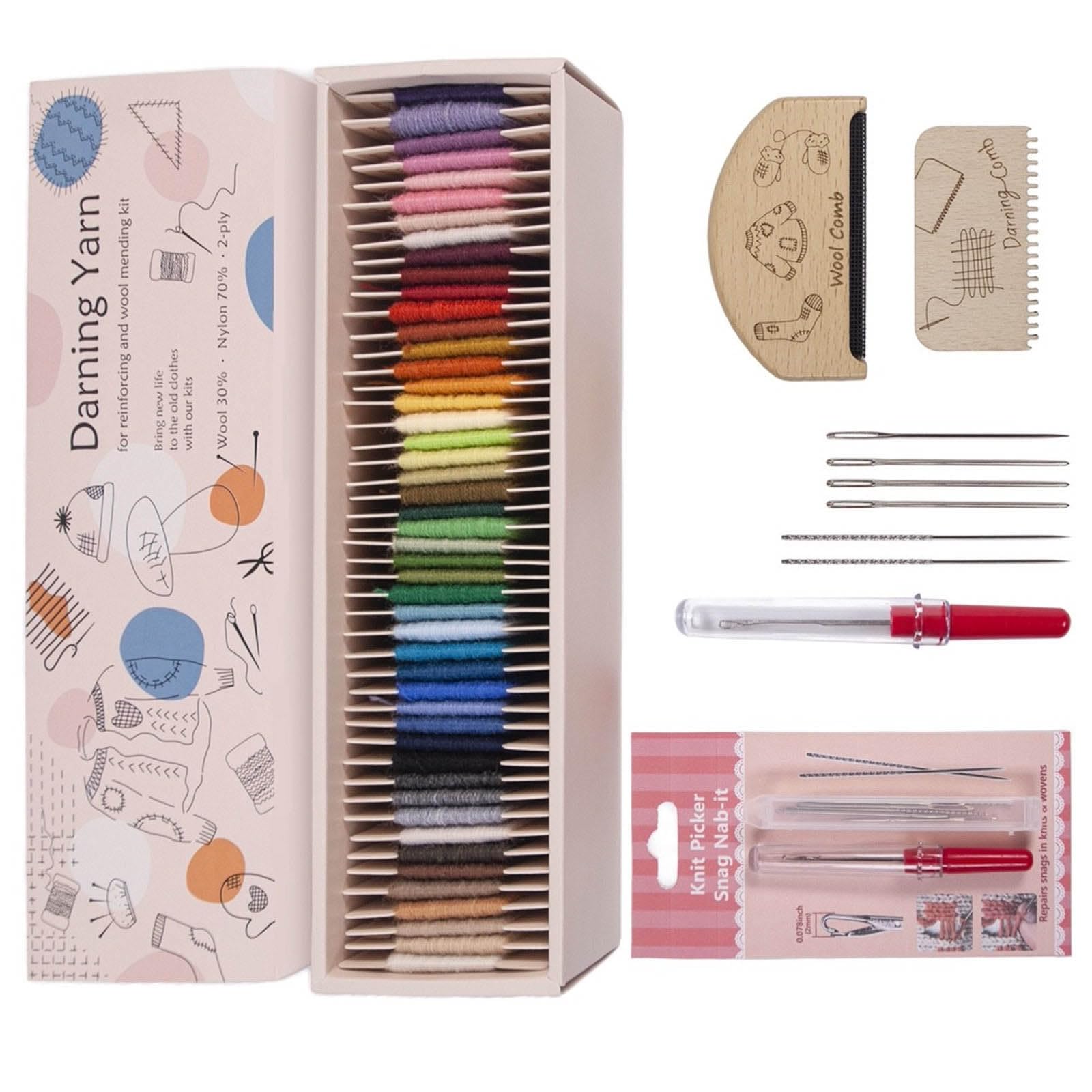 PANGBOER Juego de 48 hilos de lana de colores con aguja de coser, peine de lana, peine para zurcir, suéter, zurcir prendas y reparación de muñecas de, hilo de mezcla de poliamida