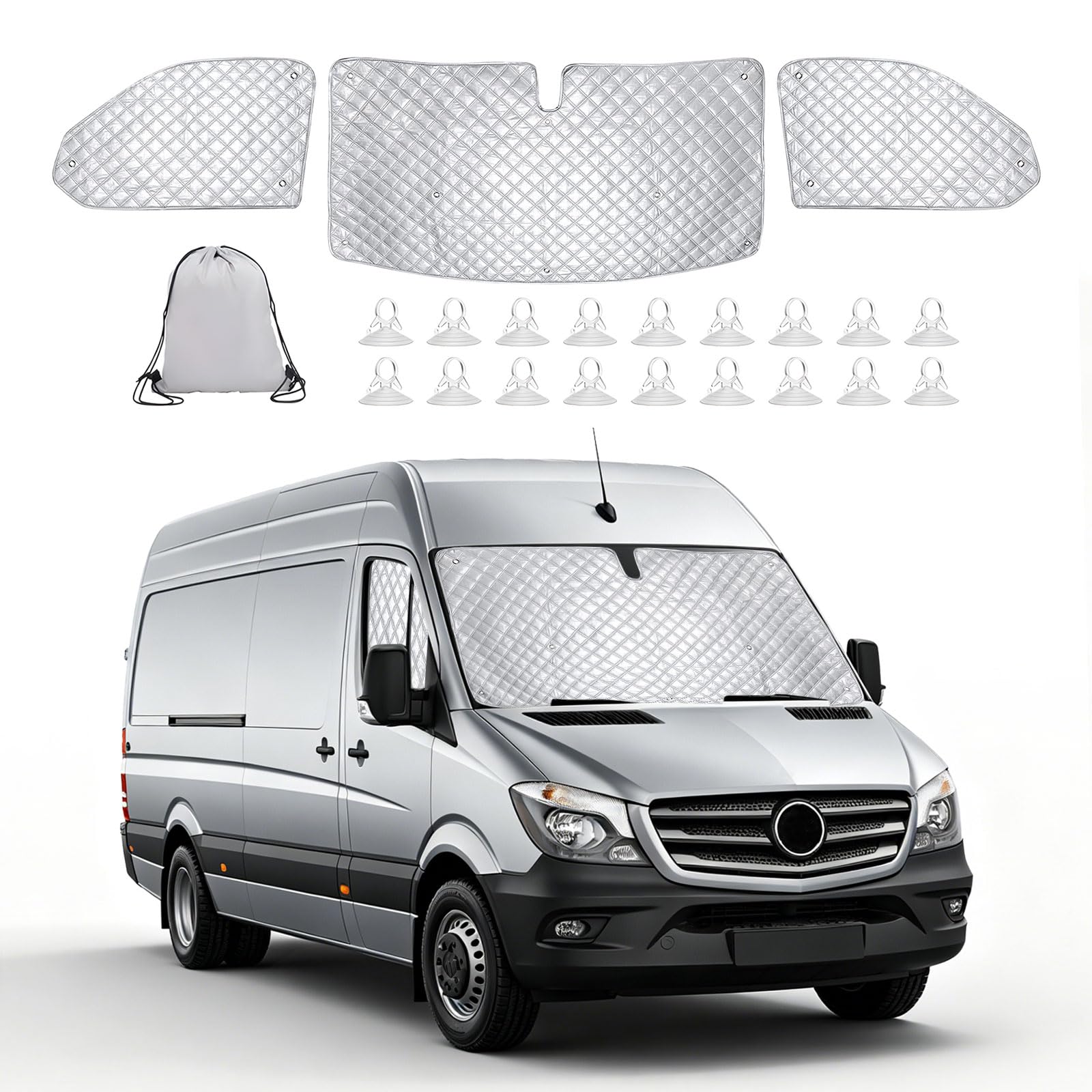 Thermomatte für Mercedes Sprinter 2006-2018, 3-teiliger Sonnenschutz für Windschutzscheibe, Isolierte Front- und Seitenfenster-Sonnenschutzabdeckung mit 18 Saugnäpfen