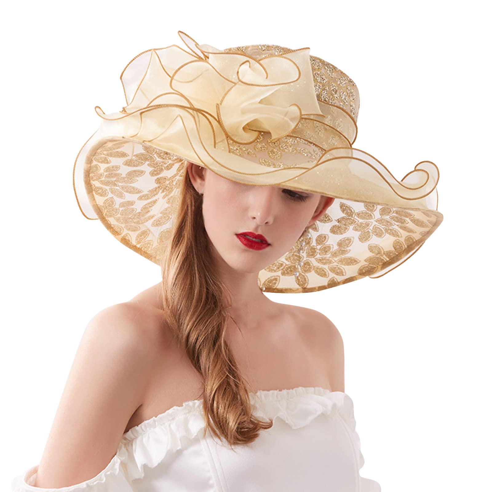 Surttan Mujeres de Sol Sombrero 2023 Sombrero de Organza Pamelas de Boda Cinta Floral de ala Ancha para Damas Mujeres Organza Church Fascinator Sombrero Nupcial Boda PamelasFiesta, Jardín, Viajes