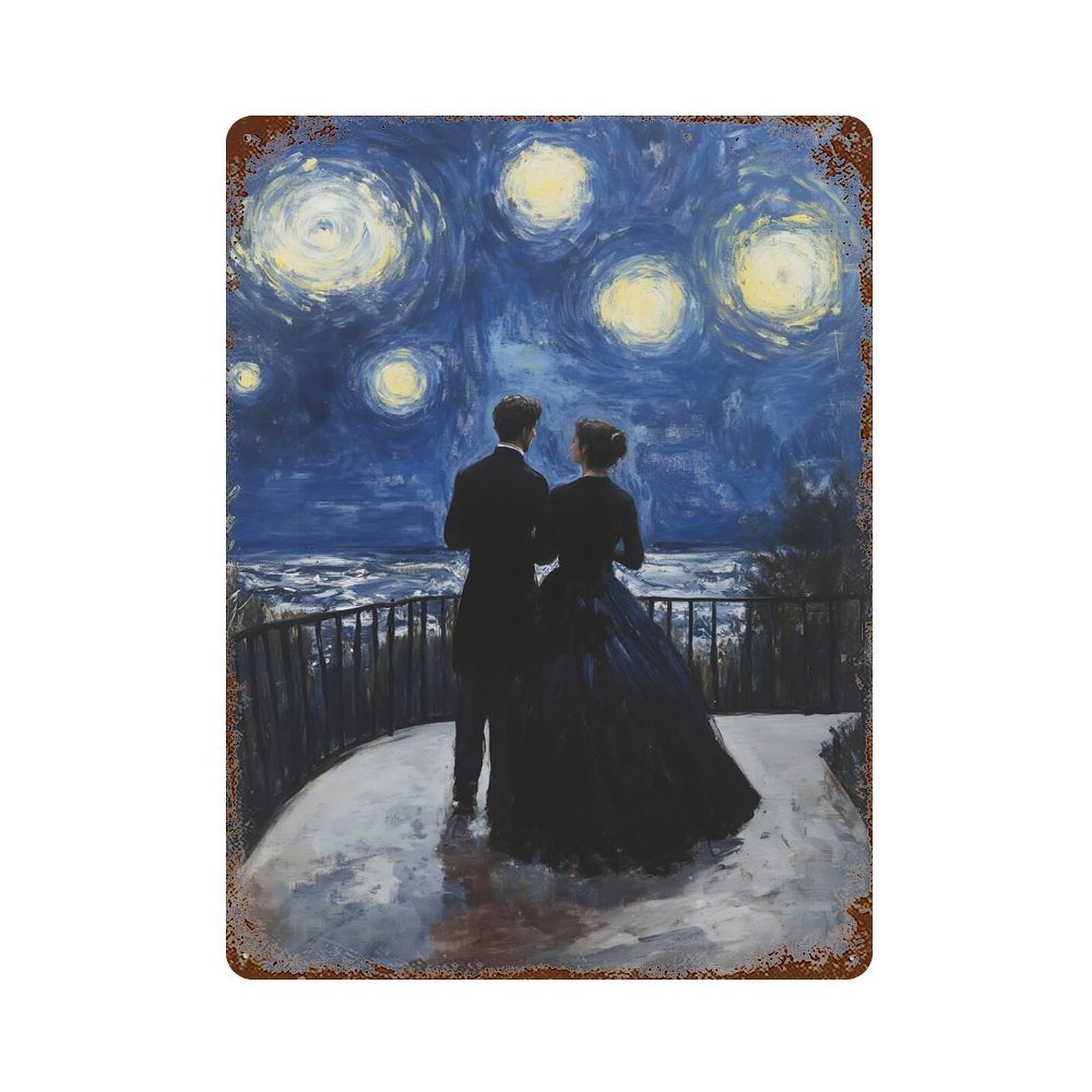 Garage Style Couple Under Starry Night Painting Rusty Metal Tin Sign 15.7"x11.8", Shabby Chic Decor for Bar And Workshop