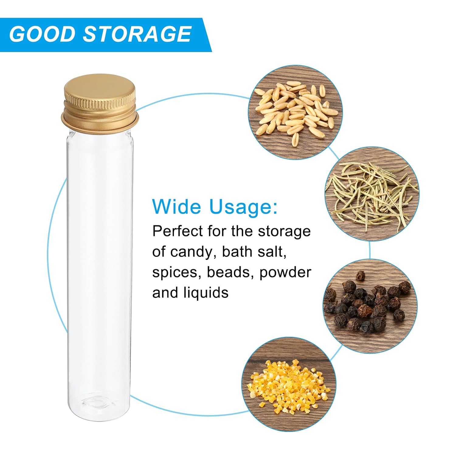 PATIKIL 65ml Plastic Test Tubes with Screw Caps, 15Pcs 150x27mm Flat Bottom Tubes for Scientific Party Decoration Candy Bead Storage Bath Salt, Gold Tone