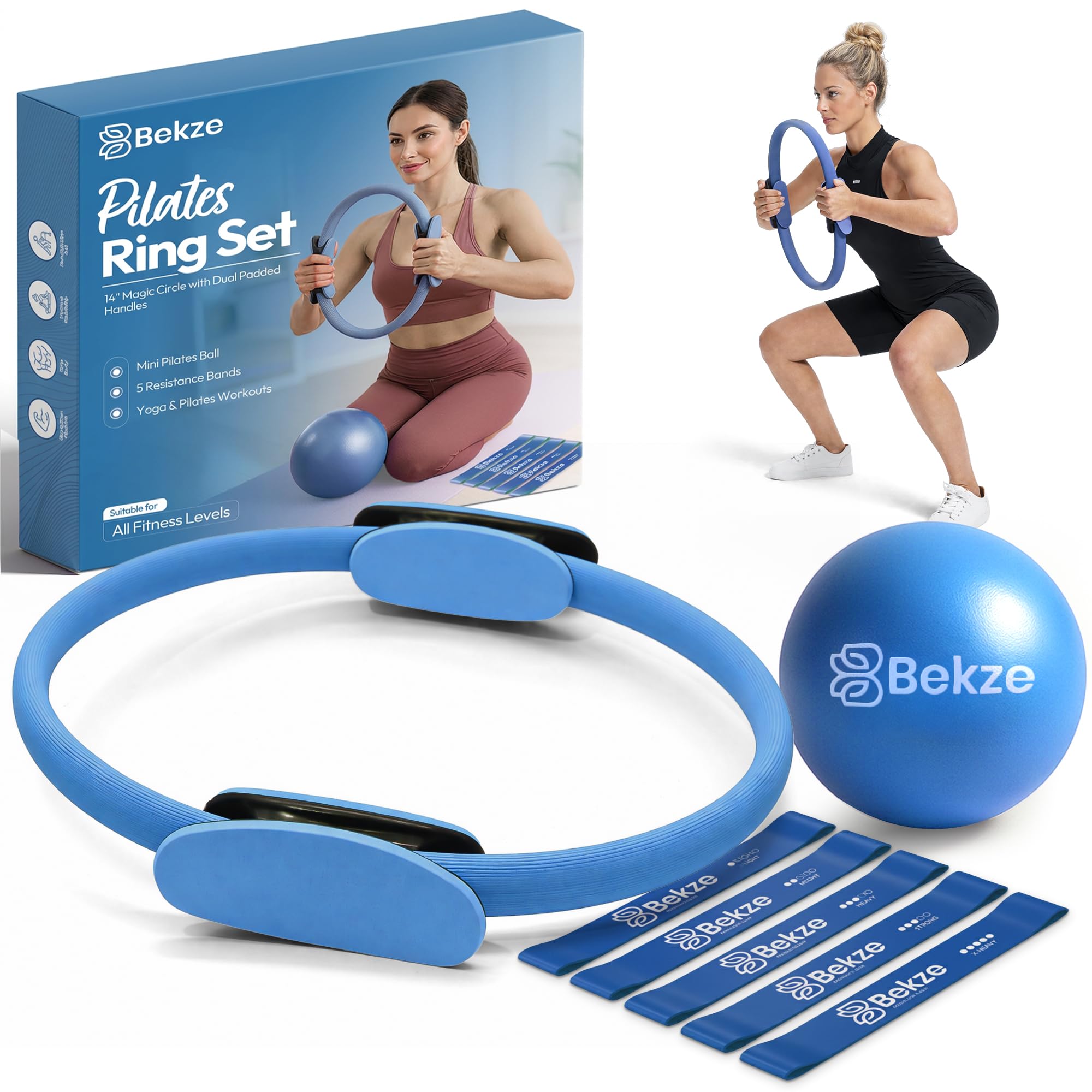 Bekze At Home Pilates Kit for Women - Pilates Sets for Women - Pilate Ring and Ball set - Includes 14-Inch Magic Circle with Dual Padded Handles, Pilates Mini Ball, 5 Resistance Bands & Workout Guide