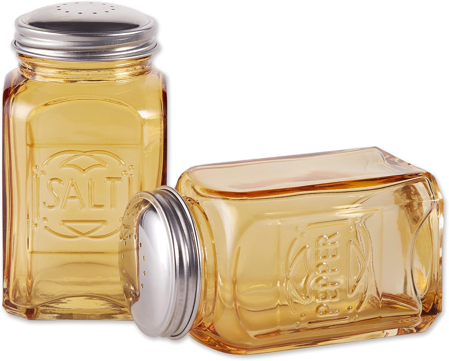 RSVP International Jumbo Retro Glass Salt & Pepper Shaker, Screw On Stainless Steel Lid, Each Shaker Holds 8 Ounces, Amber, 2.25x2.25x4.3, 2 Piece