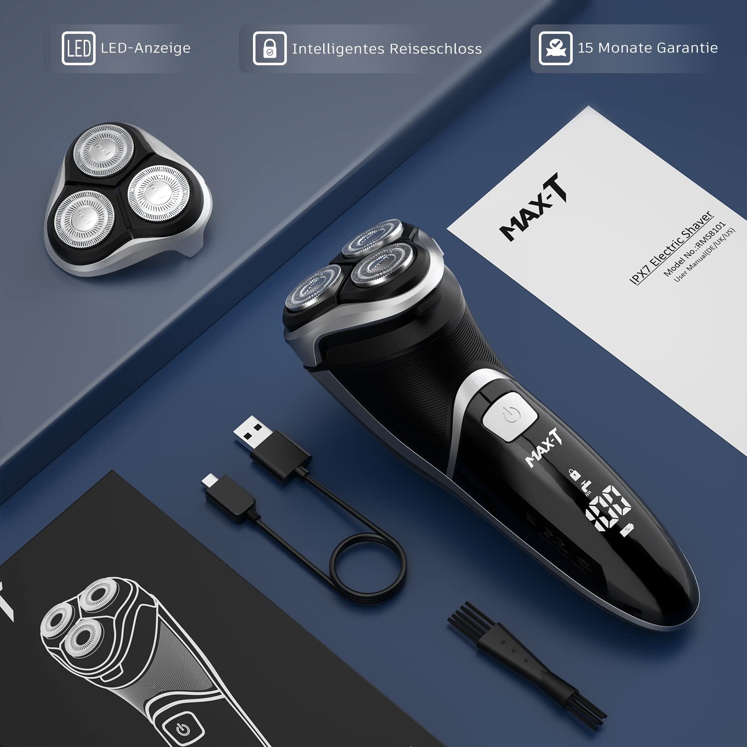 MAX-T Upgraded 3D ProSkin LED Rasierer Herren Elektrischer, Nass und Trockenrasierer mit Reiseverriegelung und Pop-up Präzisionstrimmer, Wiederaufladbarer und Kabelloser, Geschenke für Herren, Schwarz