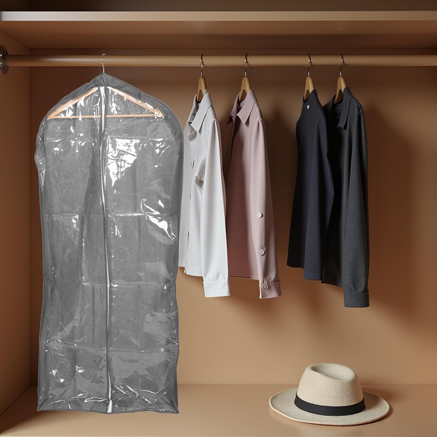 VILLCASE Garment Bags Dust Covers for Hanging Clothes 4pcs Large Gray Reusable Zippered Coat Protectors for Suit Dress Jacket Closet Storage