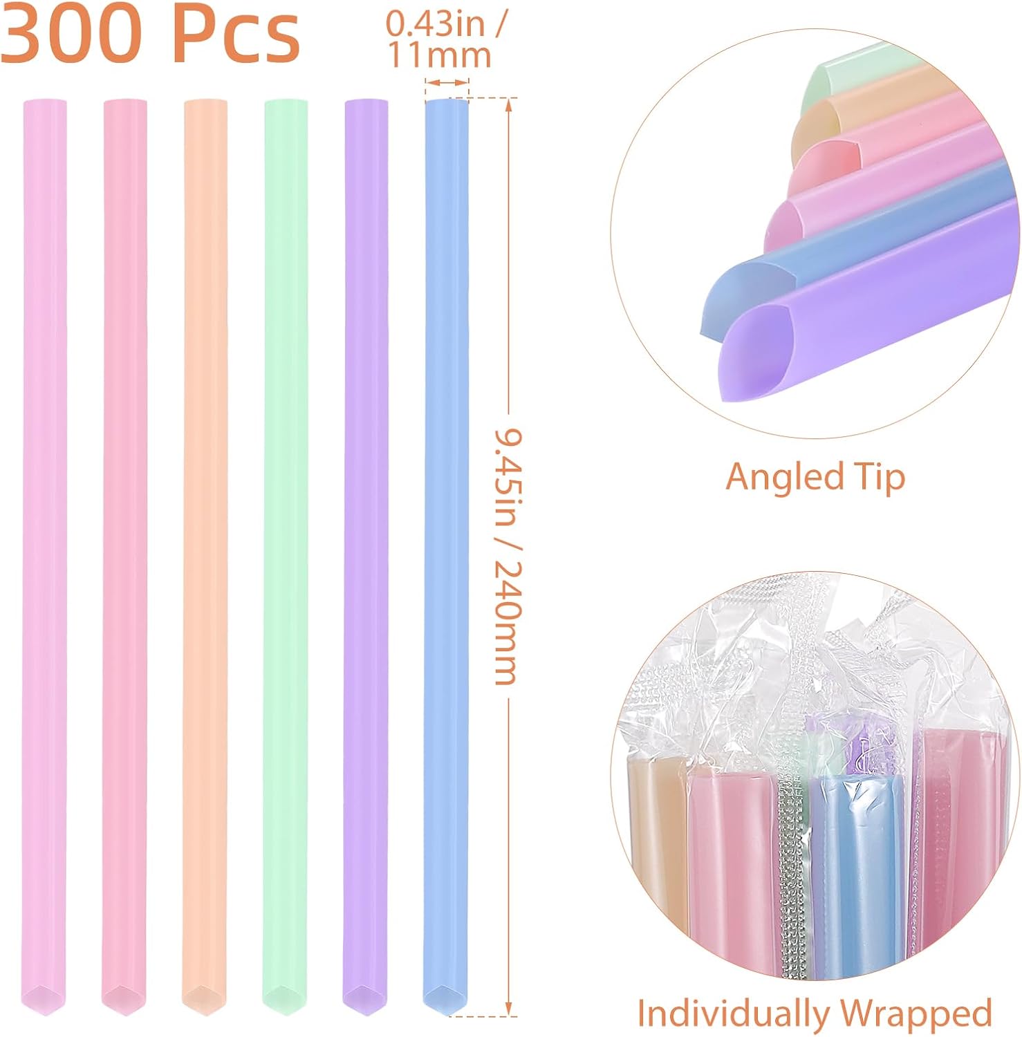 [300 Pcs] Disposable Plastic Smoothie Boba Straws - 9.45" Long 0.43" Wide Colorful Jumbo Straws for Milkshake, Bubble Tea, Lemonade, Milk, Coffee, Individually Wrapped