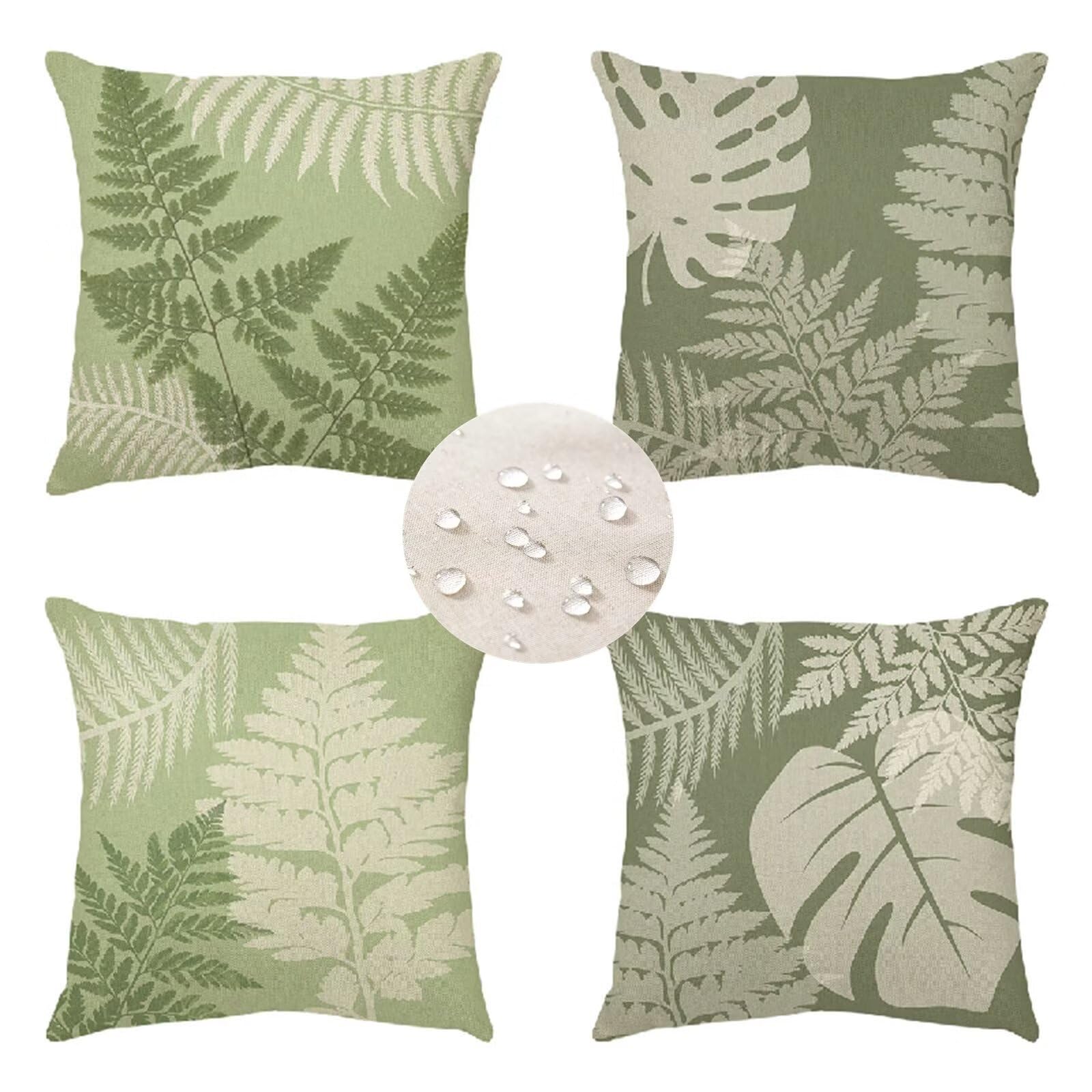 Cushion Covers 50 x 50 cm Tropical Plants Outdoor Cushions Waterproof Set of 4 Garden Cushions Square Linen Sofa Cushions Double-Sided Decorative Pillows for Outside Garden Patio Balcony Green S 448