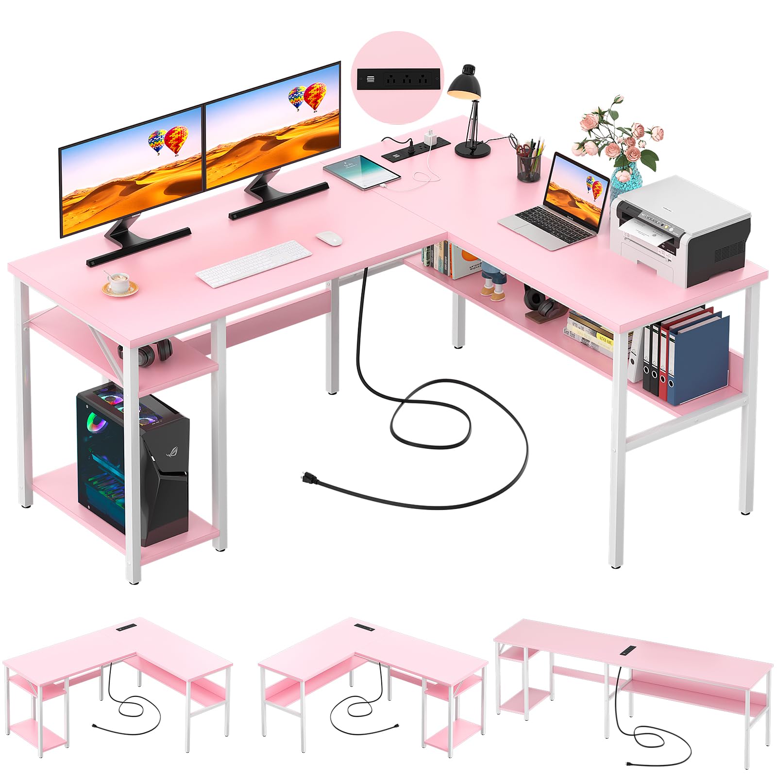 Photo 1 of Unikito Reversible L Shaped Desk with Magic Power Outlets and USB Charging Ports, Sturdy Corner Computer Desk with Storage Shelves, Gaming Table Home Office Desk, Easy to Assemble, Pink
