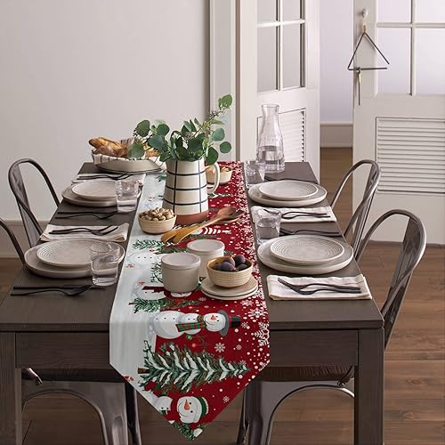 Miniatura 5 de Z&L Home Camino de mesa de muñeco de nieve de Navidad, bufandas de algodón y lino, copos de nieve de invierno, para cena familiar, fiesta de