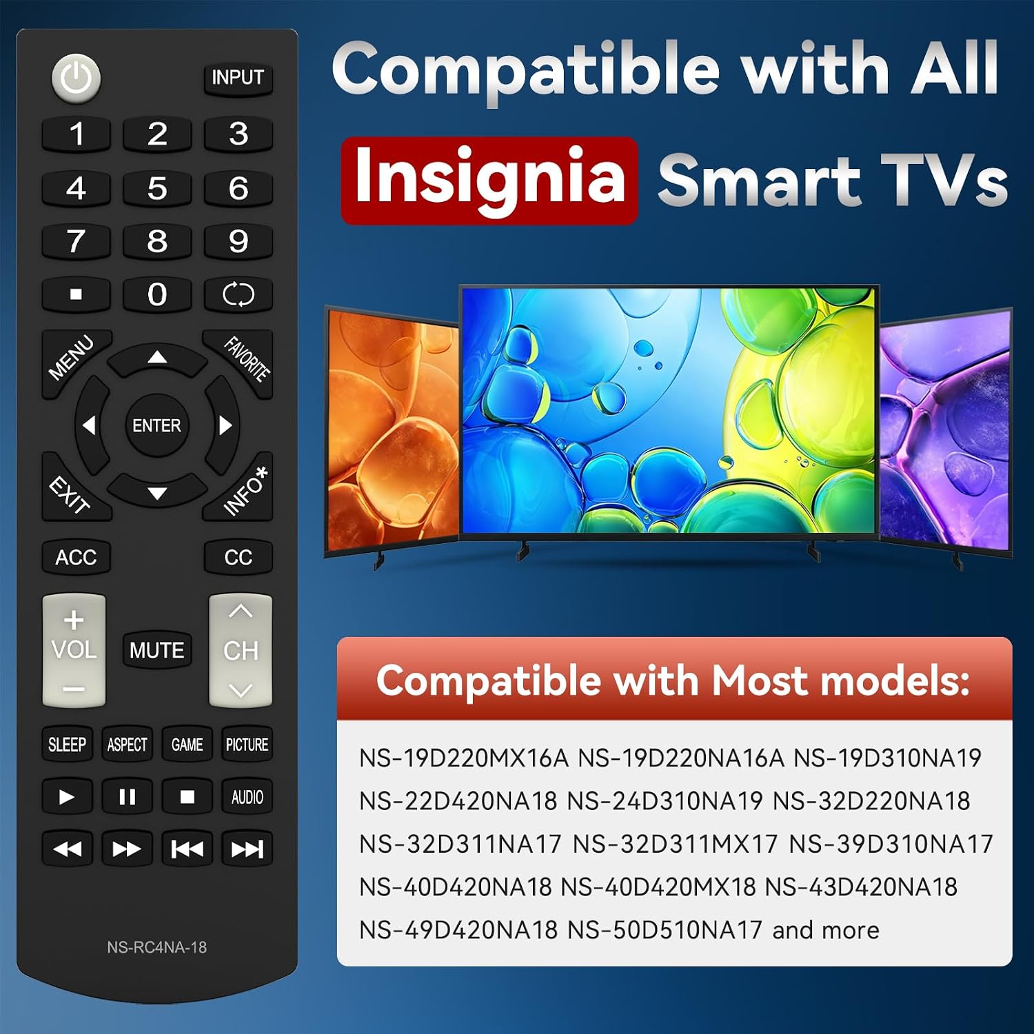 New Replacement Insignia TV Remote Control NS-RC4NA-18 for All Insignia TVs, No Programming Required