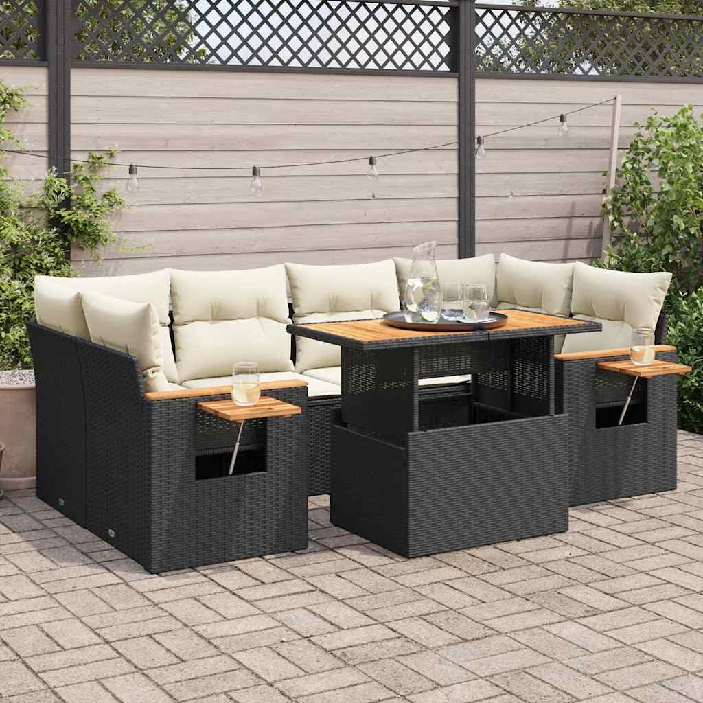 Salon de Jardin modulable 7 pcs Noir en résine tressée avec Coussins Blancs crème, Table Basse Bois d'acacia, Rangement intégré, idéal terrasse Balcon Piscine apéritif détente Famille
