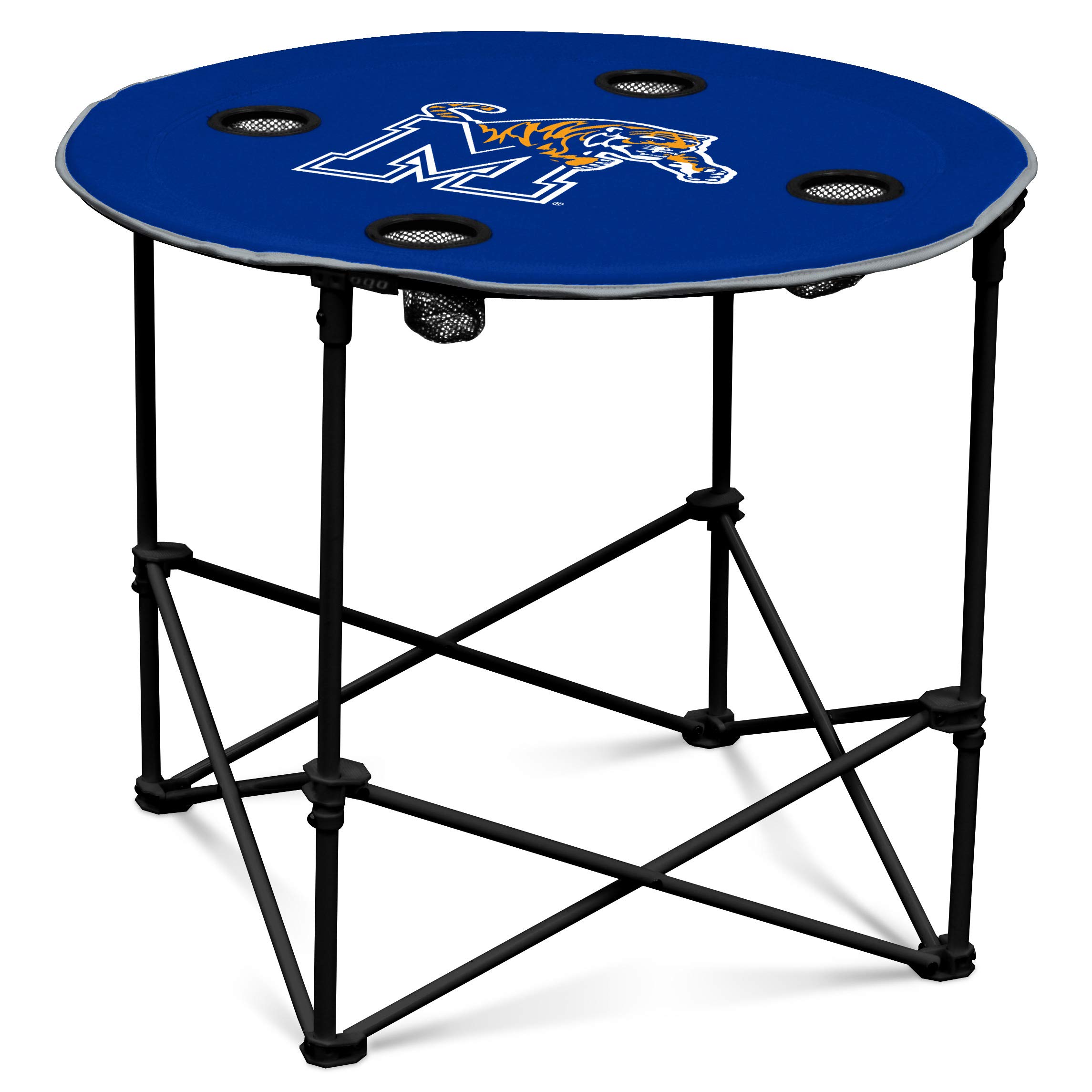 Logo Brands NCAA Memphis Tigers Round Tailgating Table – Portable with Foldable Legs, 4 Cup Holders, Powder-Coated Steel, and 27.6" Surface Diameter, Team Color