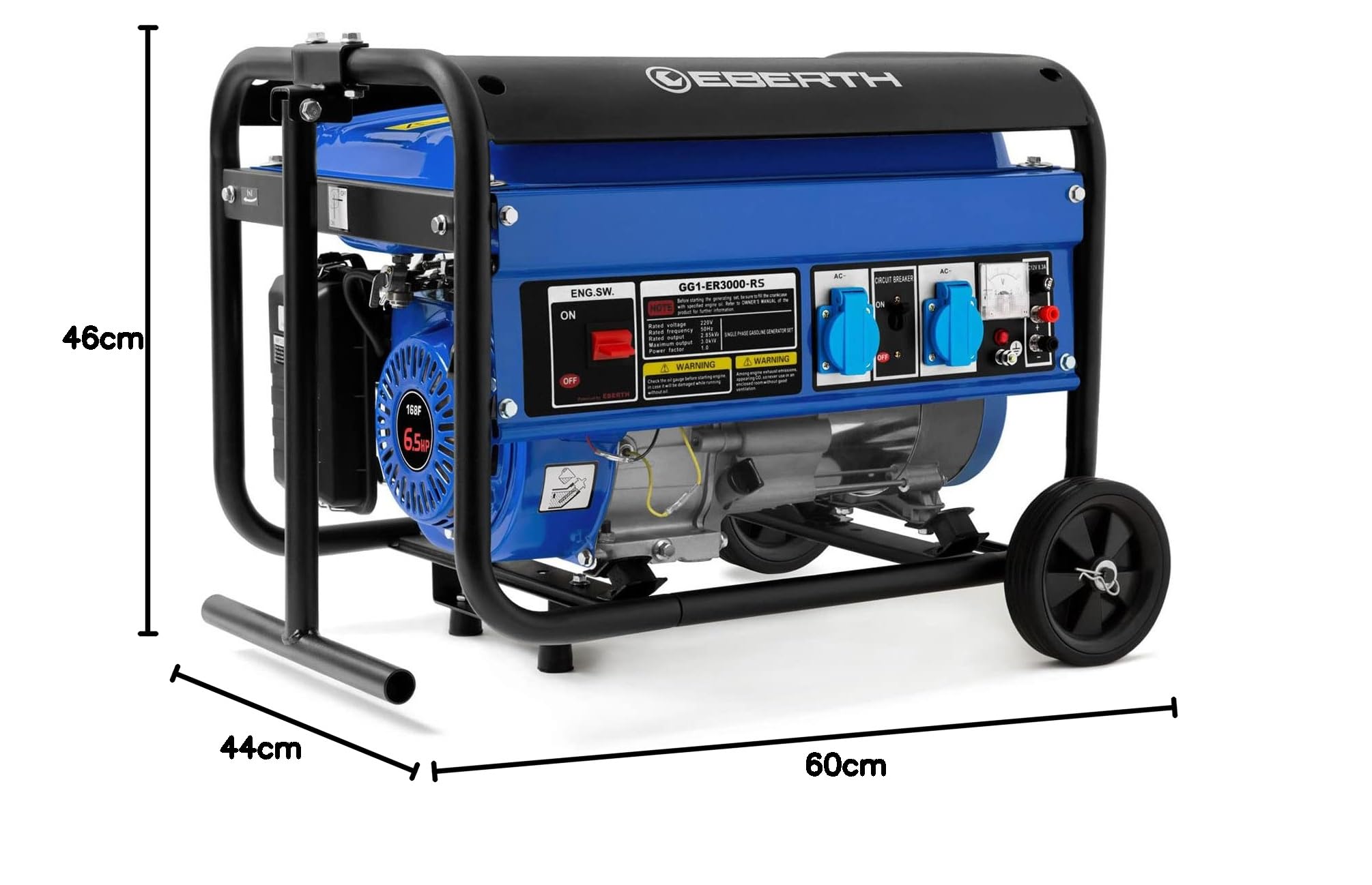 EBERTH 3000 W benzynowy generator prądu, silnik benzynowy 6,5 PS, 4-suwowy, chłodzony powietrzem, 2 x 230V, 1 x 12V, automatyczny regulator napięcia AVR, zabezpieczenie przed brakiem oleju, woltomierz