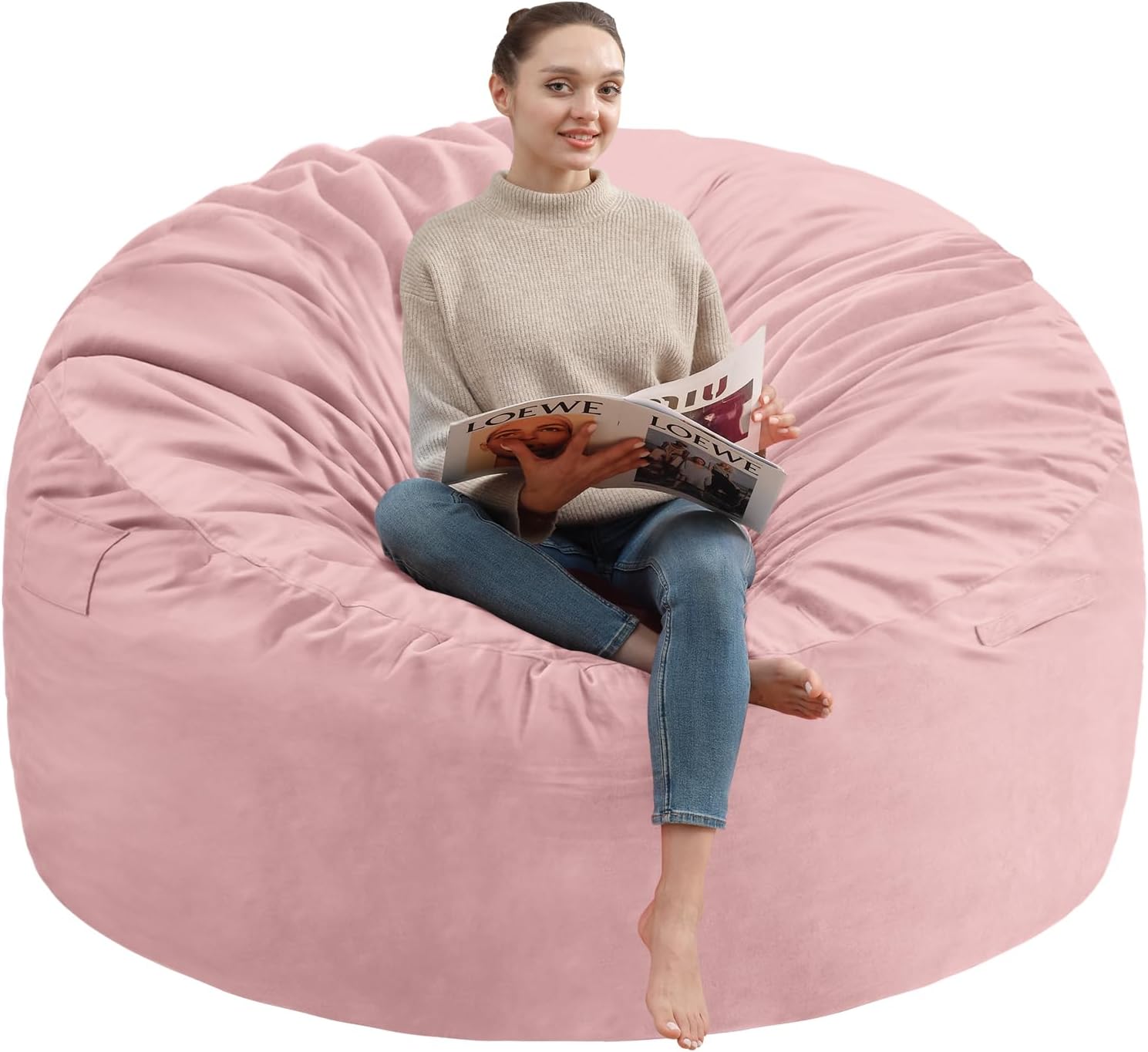 4FT Bean Bag Chair, Large Bean Bag Chairs with Memory Foam Filled, Fluffy Beanbag Sofa with Dutch Velvet Cover, Round BeanBag Chairs for Living Room, Playroom - Light Pink