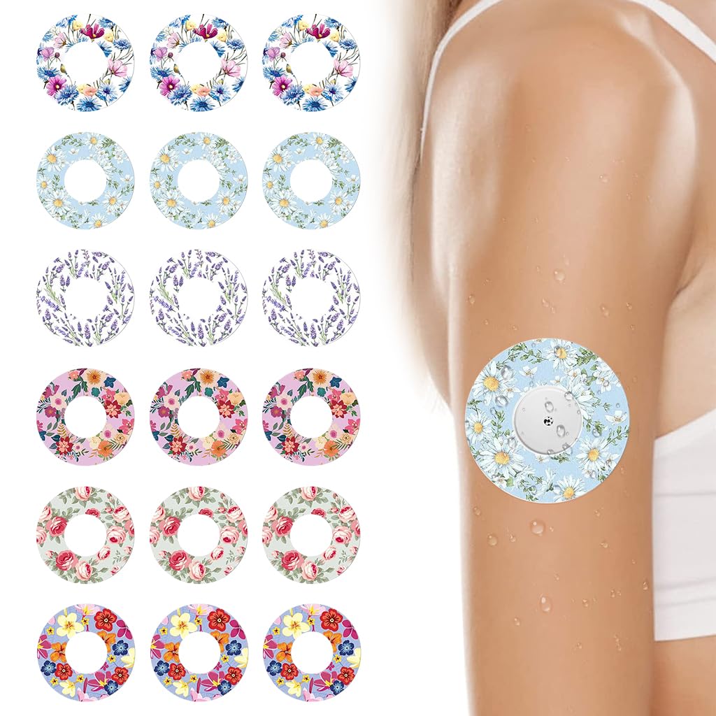 18Pcs Self Adhesive Patch Stickers for Freestyle Libre Sensor, Floral Print CGM Patch Tape, Non-woven Glucose Monitor CGM Patches Covers for Libre 3/2/1 Sensor