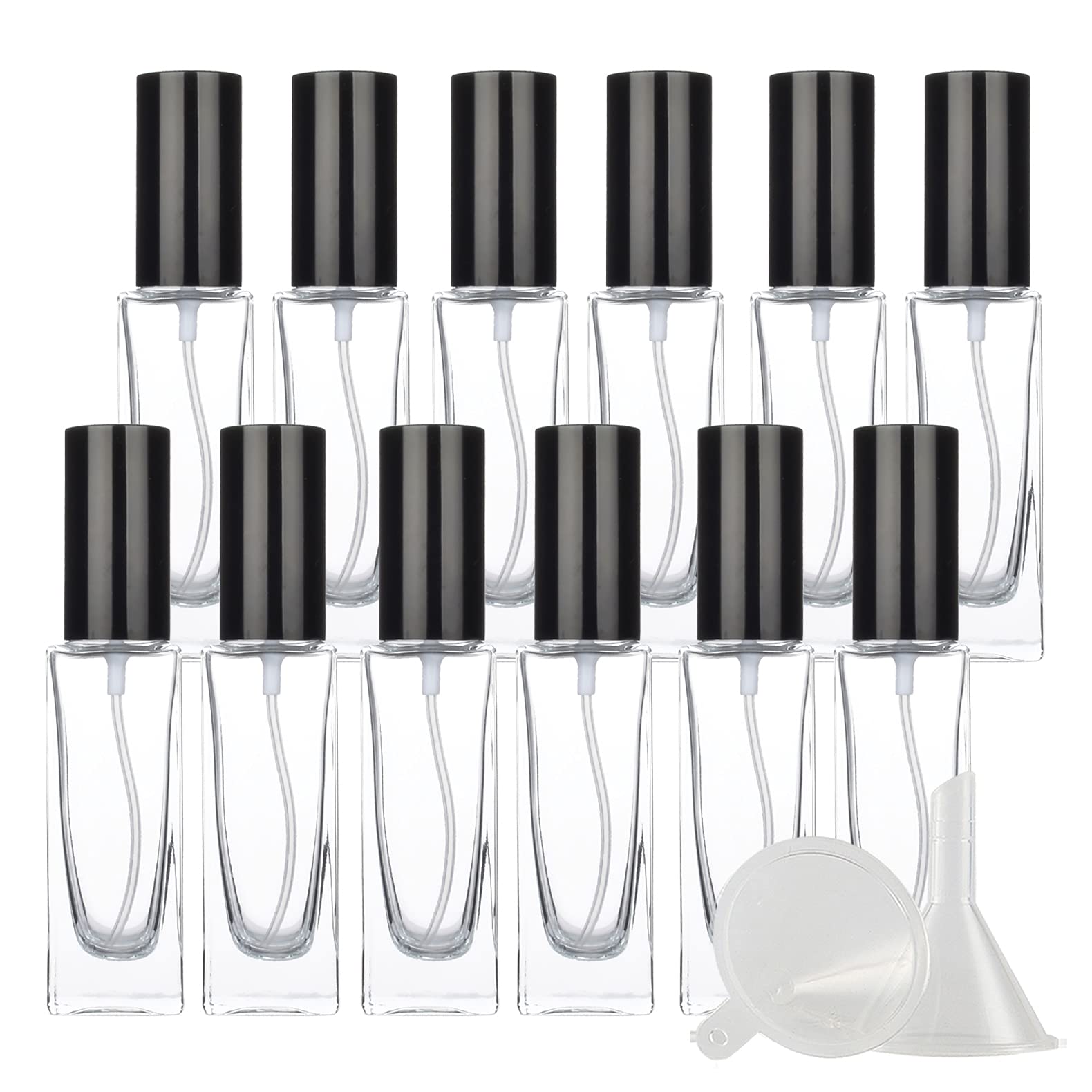 24 Pieza Transparent Portatil de Perfume Botella de Spray Viaje Pulverizador con Tapas de Negro, 30ml Vidrio Cuadrado Atomizador de Perfume Recargable + 6 x Embudo