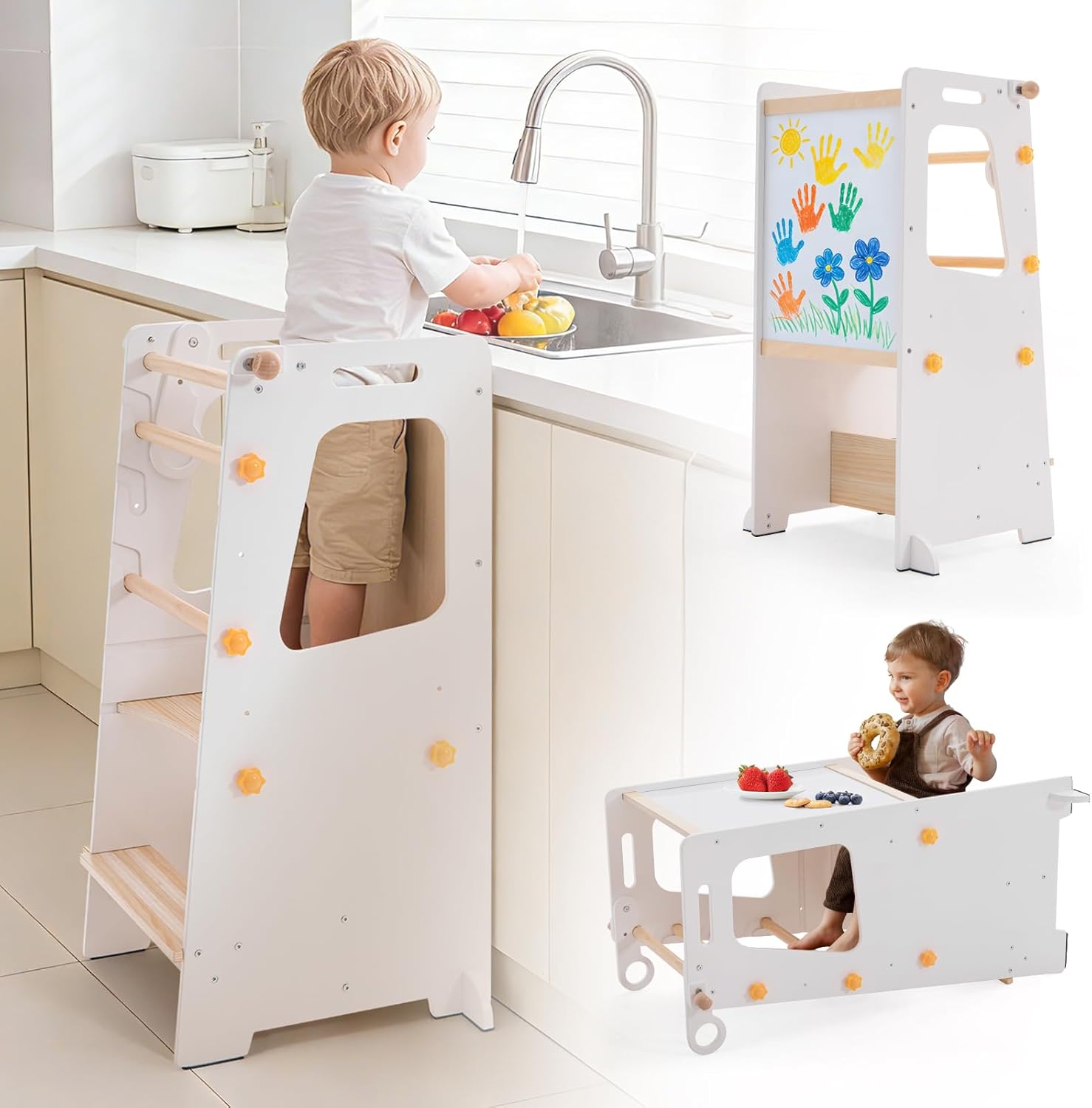 Toddler Standing Tower, Toddler Step Stool with White Board&Convertible Table and Chair, Kitchen Stool Height Adjustable with Safety Rail, Helper Tower for Kids Cooking