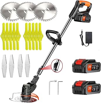 Electric Weed Wacker Battery Powered Weed Whacker Eater Grass Trimmer 21V Weed Wacker Cordless Lightweight Battery Weed Trimmer with 2 Batteries, Used for Lawn Garden Yard Trimming Black