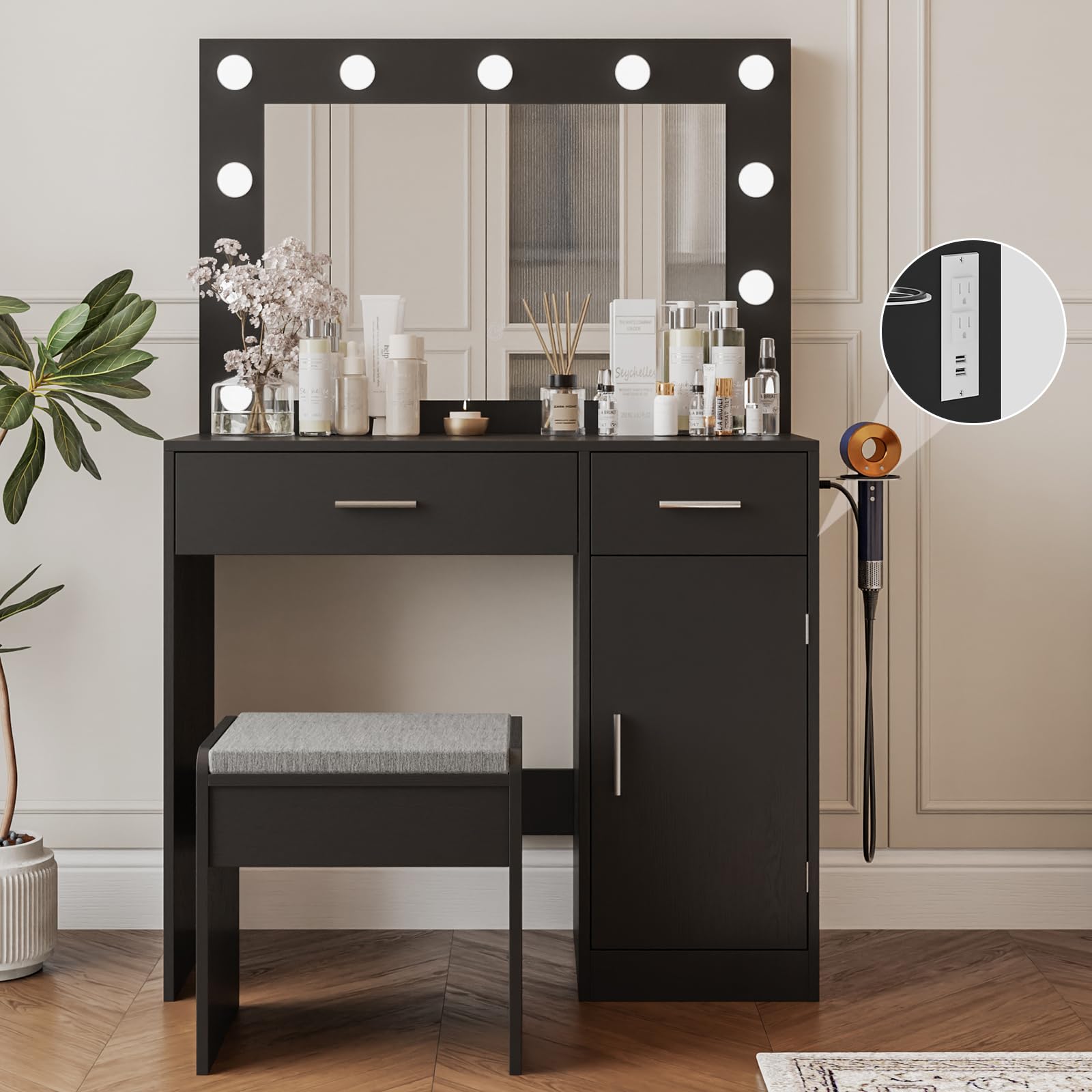 vanity, vanity desk with mirror, large drawer and power socket with 11 light bulbs and 3 adjustable lighting modes, vanity table ideal for bedroom (black)