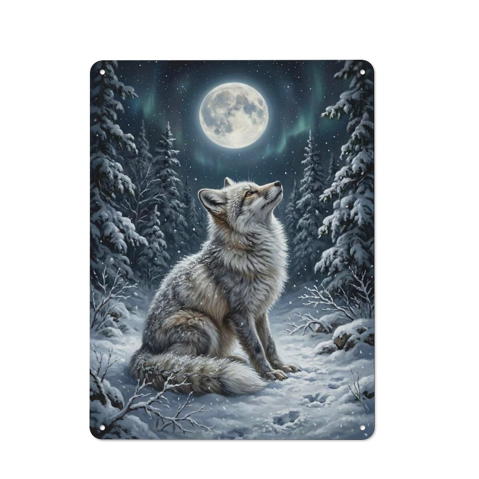 Junmoney Style-2 Wolf Under The Northern Lights Metal Wall Sign 40X30cm, Retro Decor For Workshop Wall, For Garage, Workshop And Man Cave Decoration
