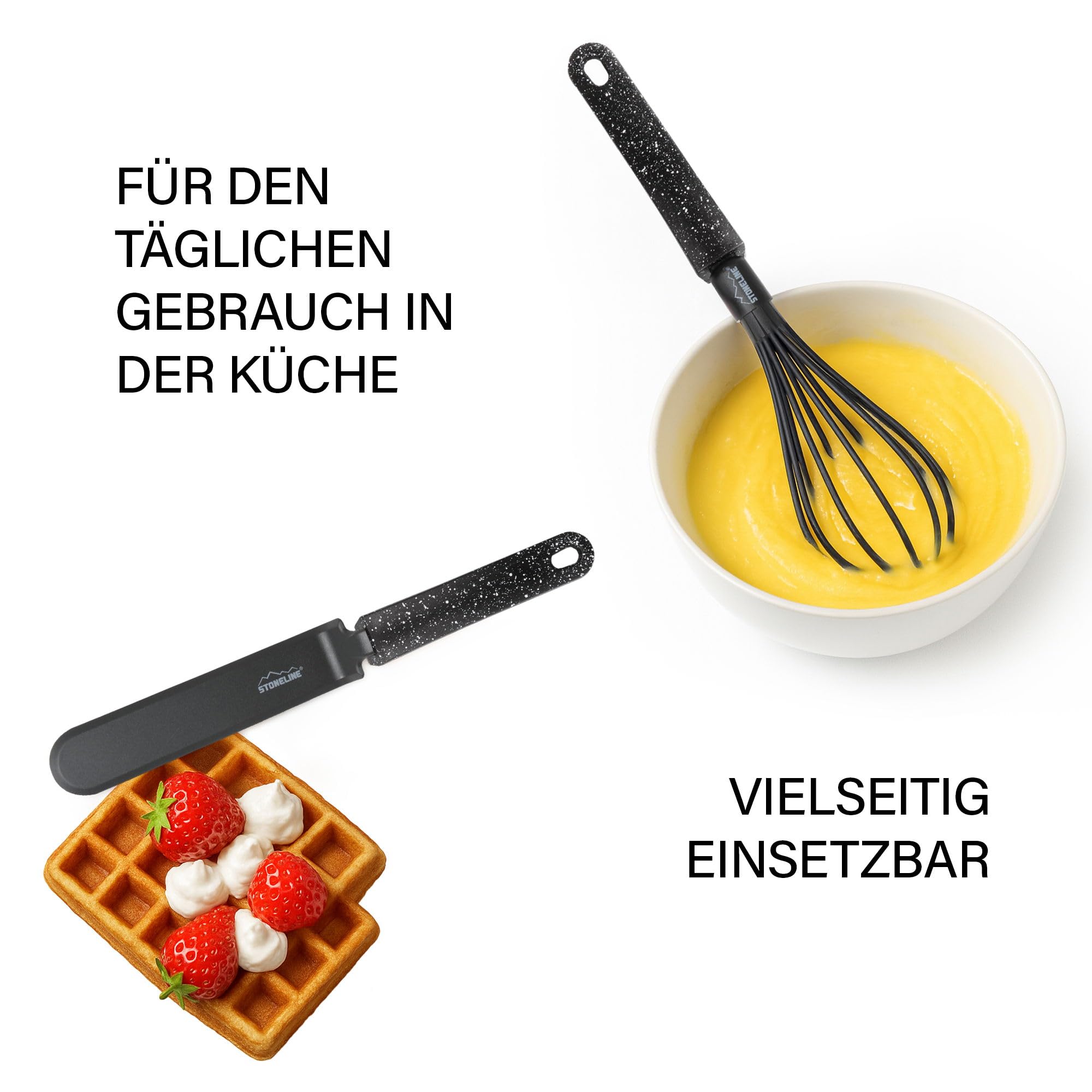 STONELINE Juego de 9 Utensilios de Cocina con Soporte Integrado al Mango, de Nylon Resistente al Calor para Ollas Sartenes Antiadherentes Utensilio Cocina Espátula Cucharón Varillas Cuchara Espumadera