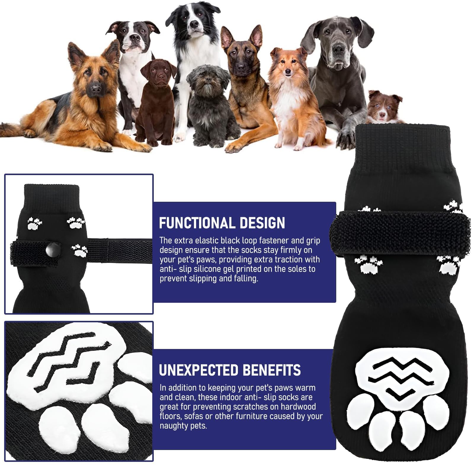 HTRTRR Calzini Antiscivolo per Cani, Set di 4 con Cinturino Regolabile, Parzampe per Cani con Cotone, Taglia S, Nero