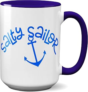 White Blue Sailor Coffee Mug Salty Sailor Gift 15 oz Sailing Love Ceramic Cup