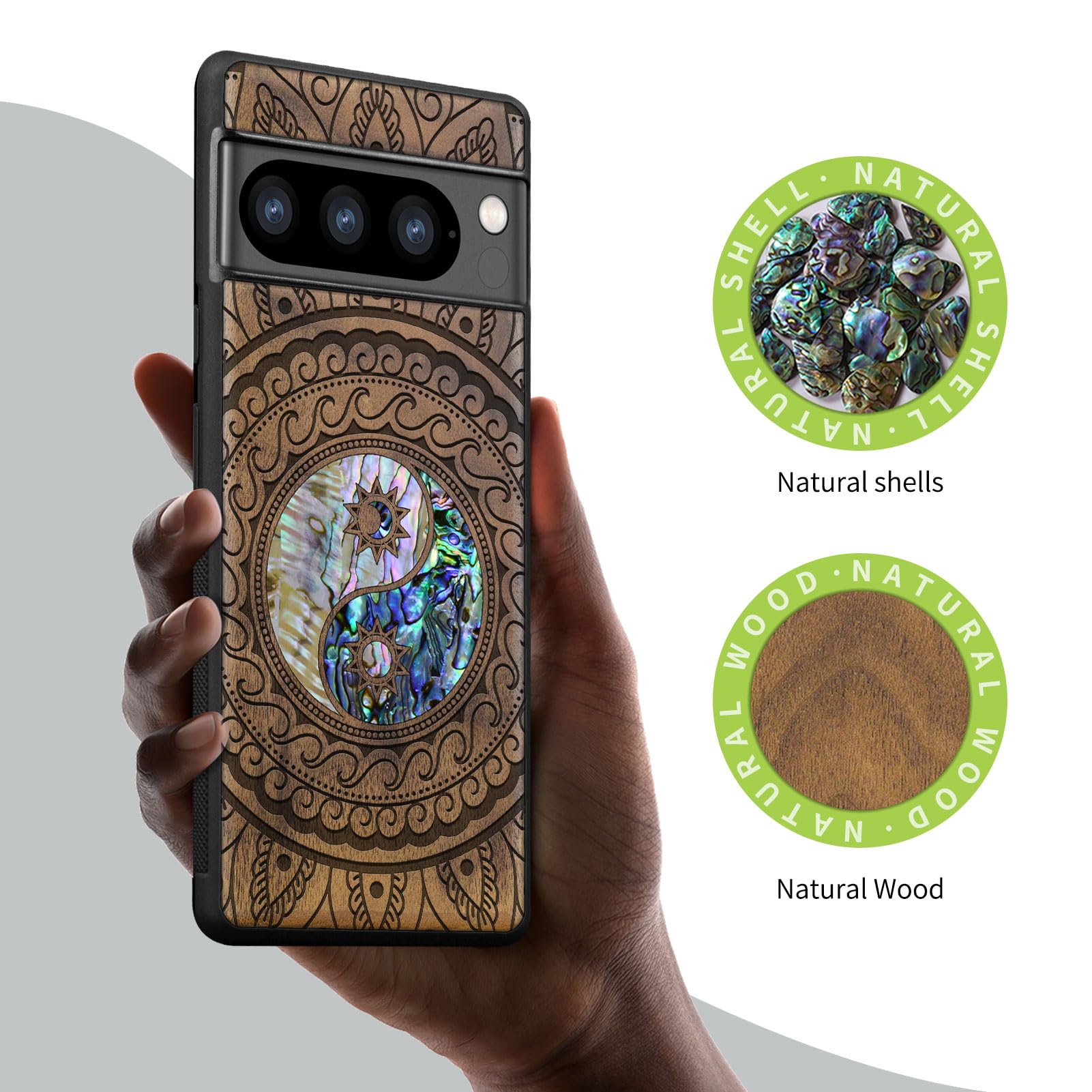 Carveit Designer Wooden Case For Google Pixel 8 Pro Case Cover [Wood Engraving & Shell Inlay] Compatible With Wireless Chargers Pixel 8 Pro Case (Incomplete Compass-Walnut