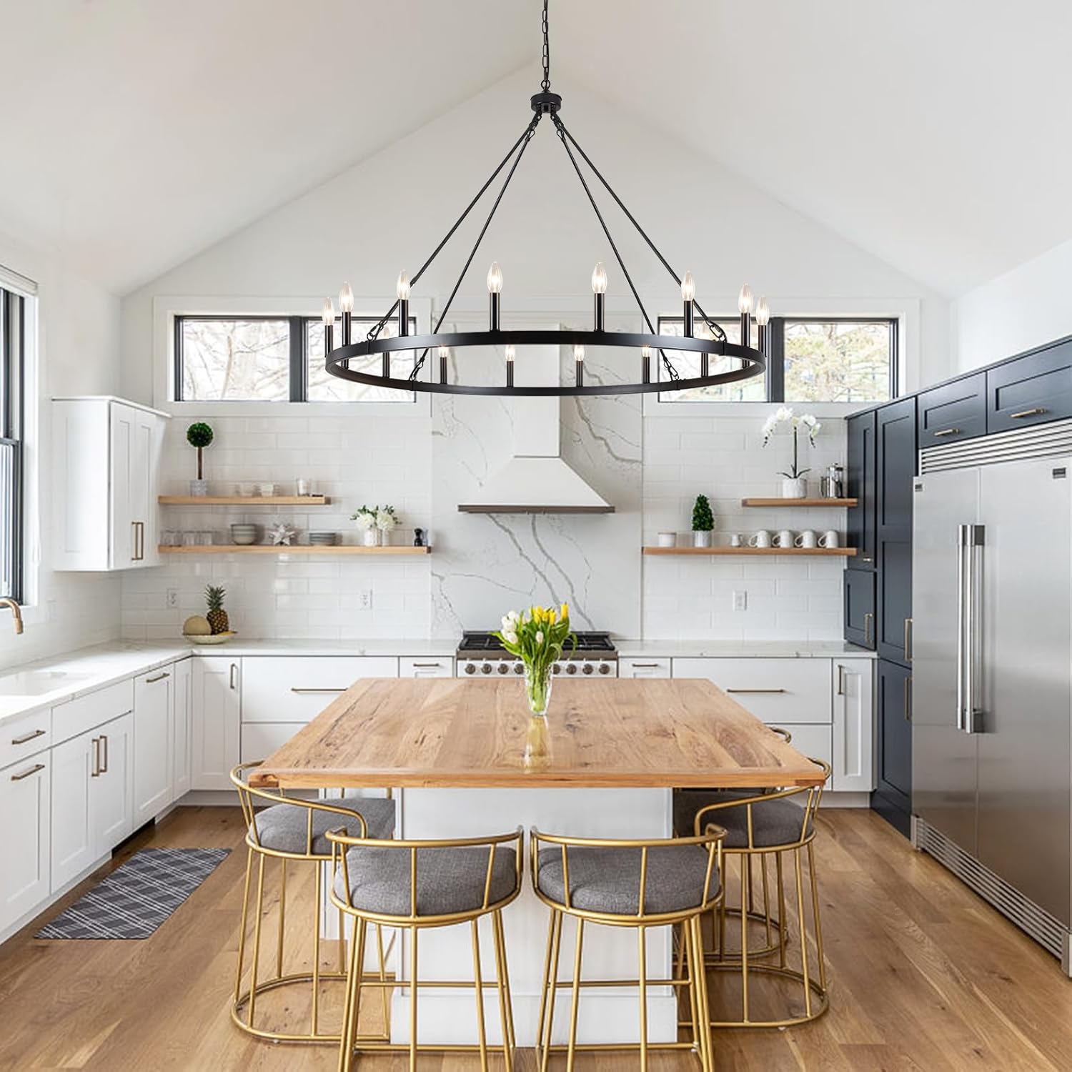 Black Wagon Wheel Chandelier 16-Light 47" Farmhouse Chandelier Round Country Rustic Hanging Light Fixtures Modern Large Chandeliers for High Ceilings Outdoor Porch Entryway Foyer Living Dining Room