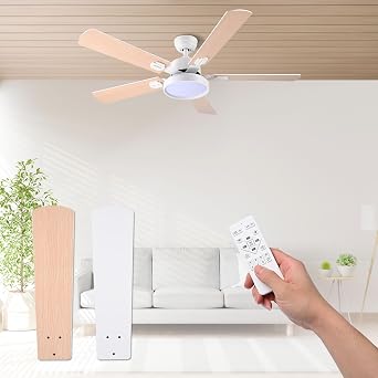 DELight 52" White Ceiling Fan w/Light, 6 Speeds Three Color Temperature | and Dimmable Light with Reversible Blades and Remote Control, Timing and Memory Function for Bedroom, Living Room, Dinning