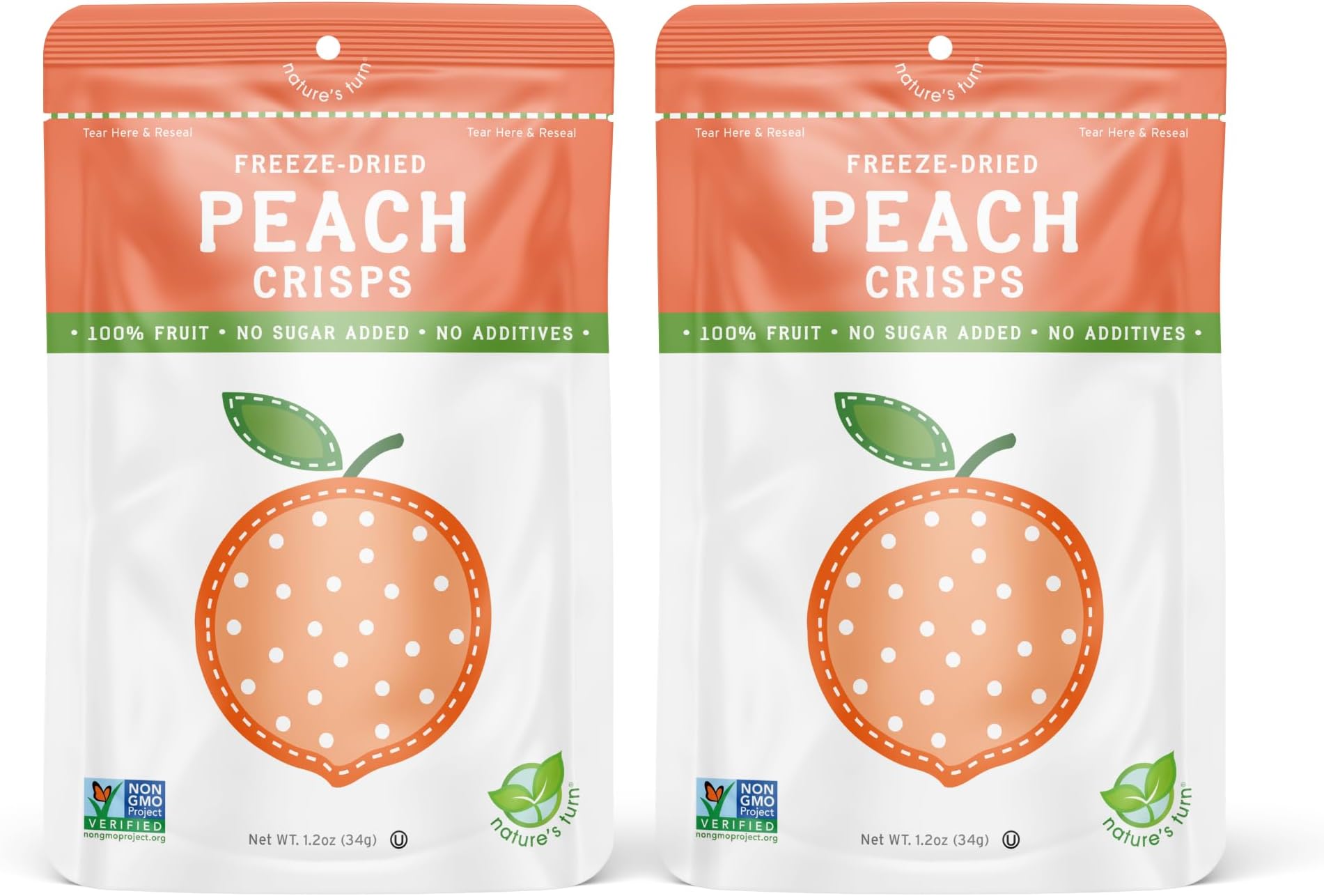 Nature’s Turn Freeze-Dried Peach Crisps – Healthy, Gluten-Free, Crispy & Delicious, Plant-Based Snack, Ideal for Cereal, Smoothies, School Lunches, & On-the-Go, Bags of 2 (1.2 oz Each)