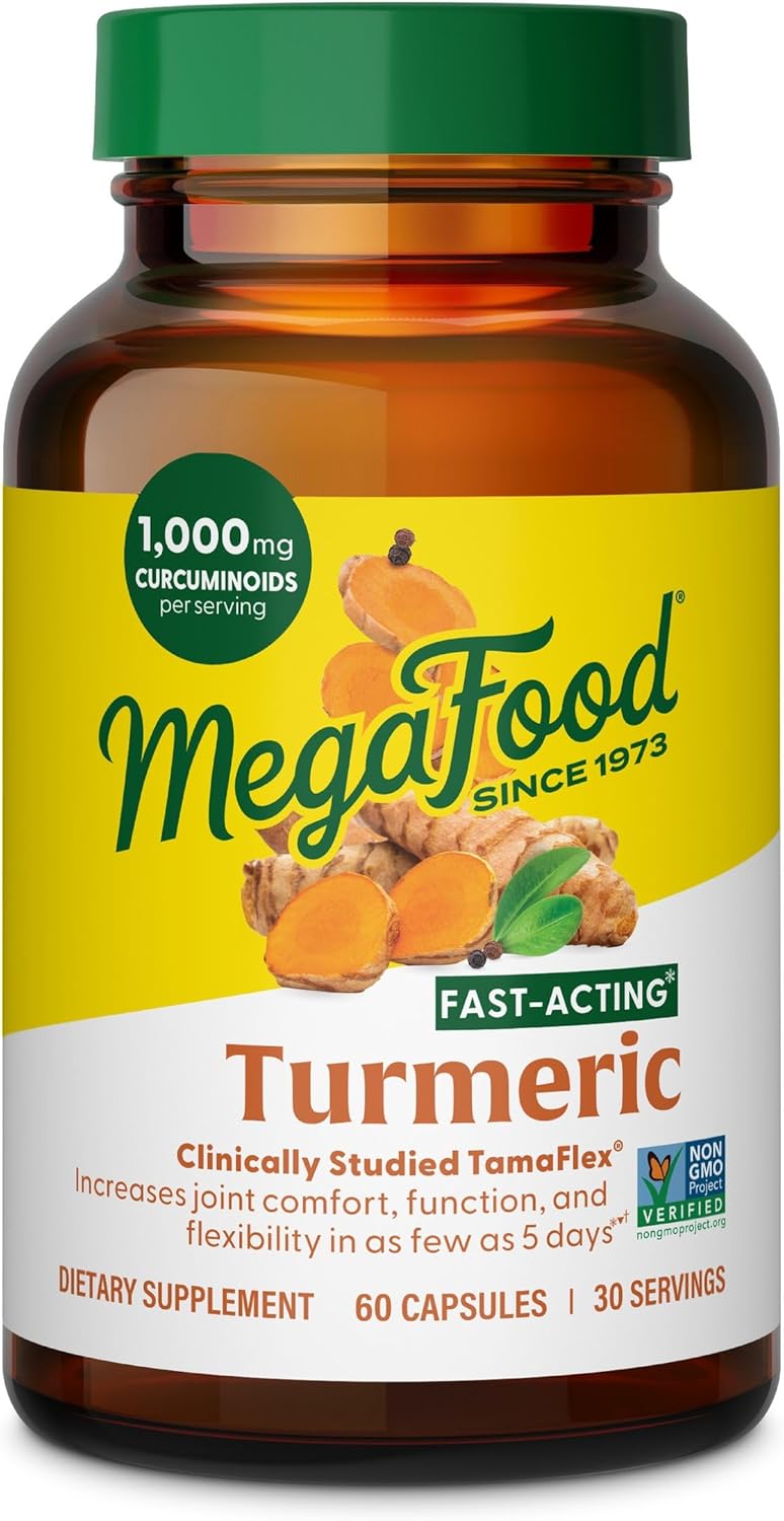 MegaFood Fast-Acting Turmeric Supplement - Clinically Studied - Joint Supplements for Men and Women - with Black Pepper for Absorption - 1,000 mg Curcuminoids Per Serving - 60 Capsules, 30 Servings