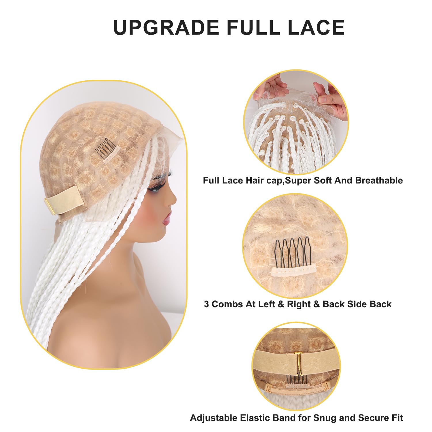 Glow in the Dark Wigs 32inch White Full Lace Knotless Braided Wigs with Baby Hair Heat Resistant Hand Made Long Box Braids Wig for Women Daily Party Use