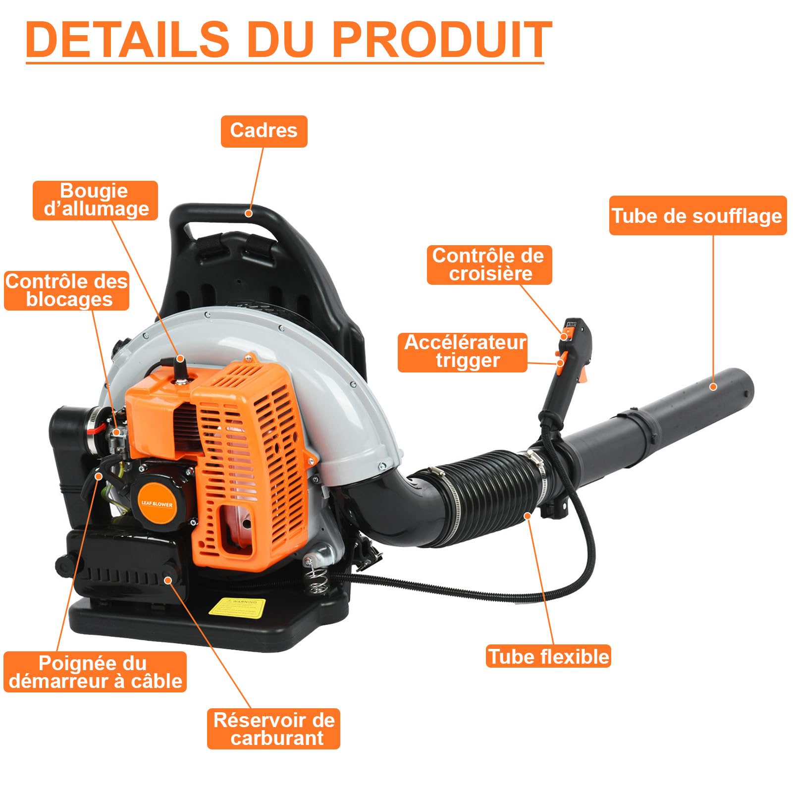 Souffleur Thermique 2 Temps 63 CC, Souffleur Feuille Thermique à Dos à Neige Haute Résistance pour l'Extérieur, Orange-A