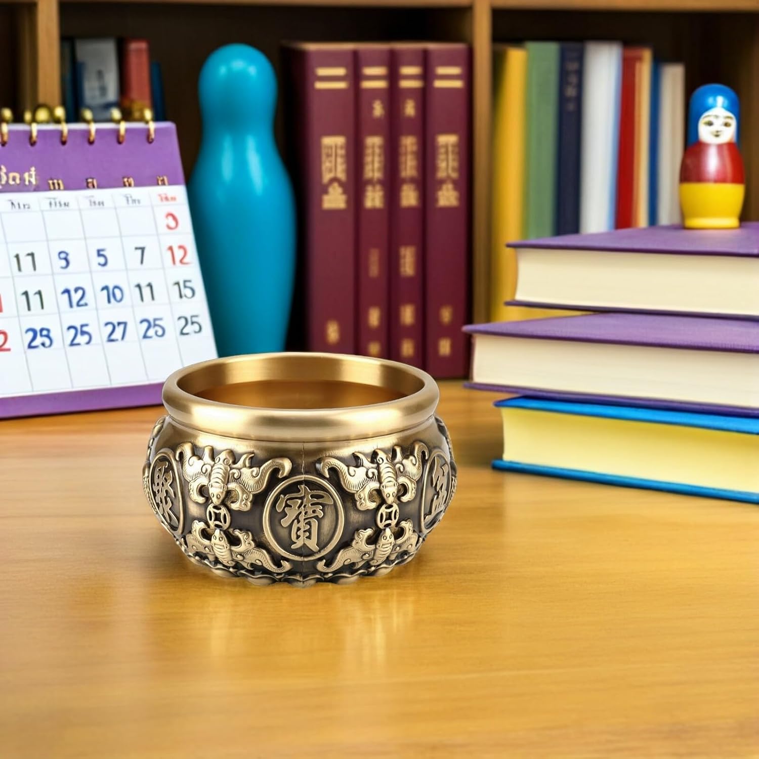 Brass Feng Shui Money Bowl 14cm Chinese Treasure Basin for Office and Home Decor Good Luck Wealth Success Offering Decorative Bowl