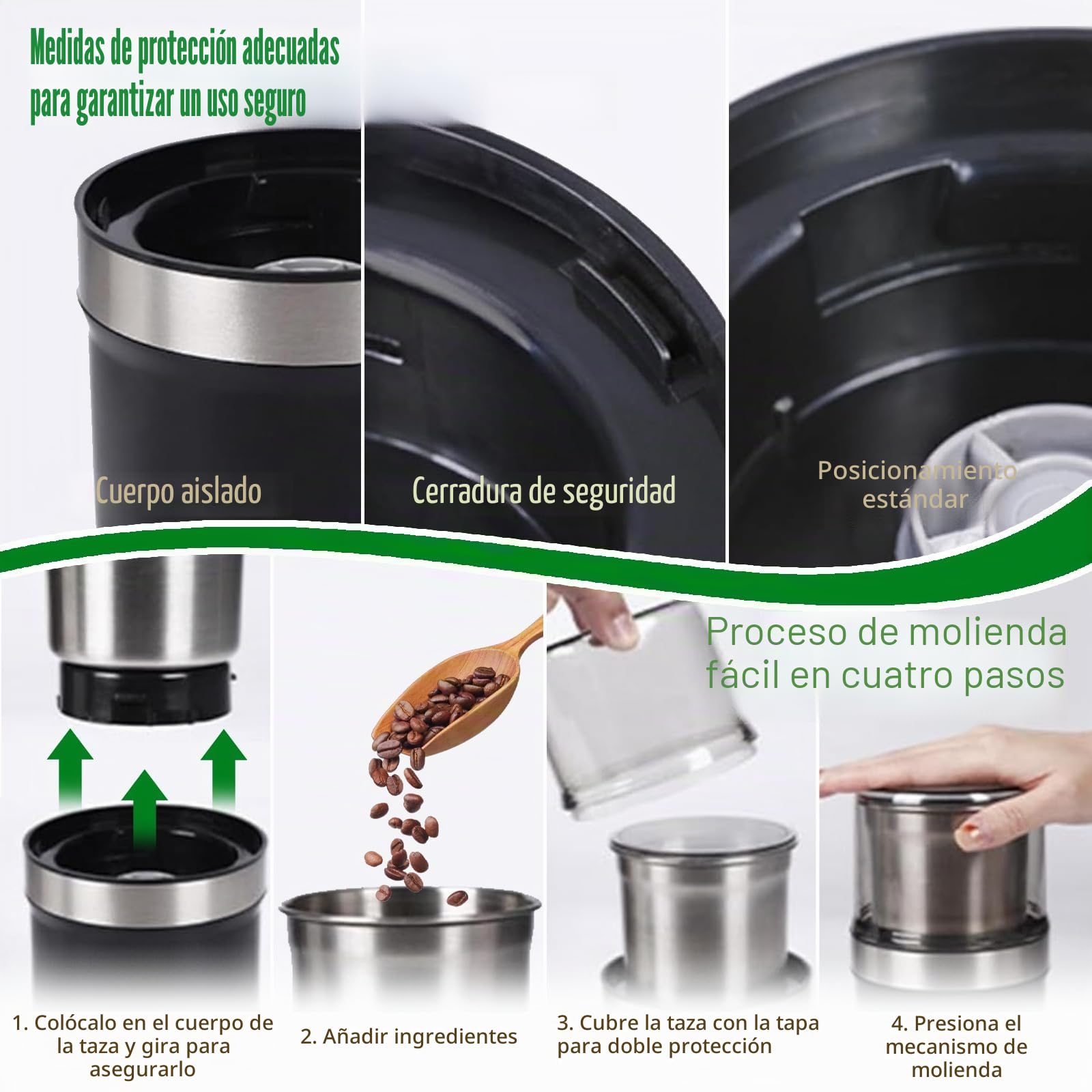 Molinillo eléctrico de 200 W para café y especias con 2 recipientes de acero inoxidable para molienda húmeda y seca, molino de hierbas y nueces
