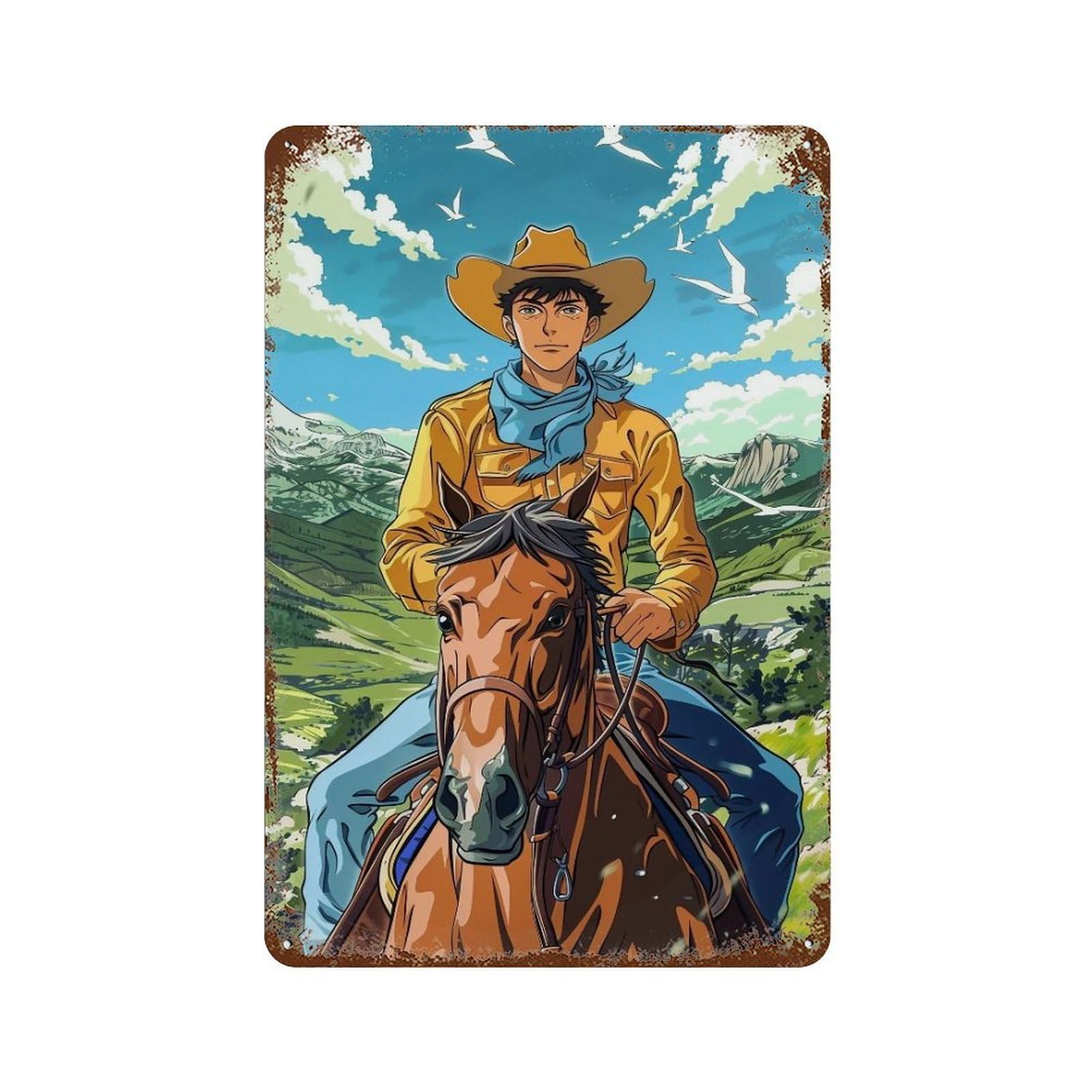 HDURYEYRYY Sunny Mountain Valley Anime Cowboy 01 Wall Retro Iron Vintage Art Metal Tin Sign Poster Modern Home Cofffee Club Art Bar Shop Decor 30x20cm