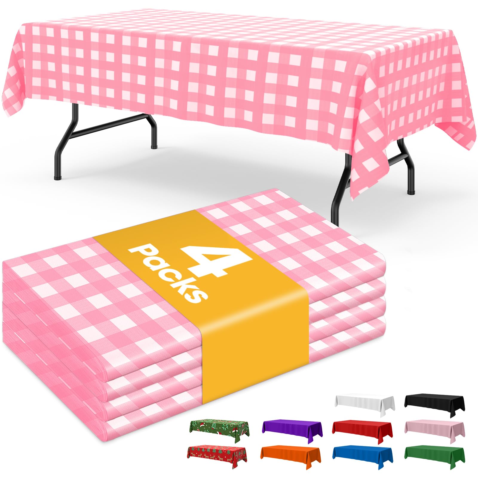 Niuara Pink Checkered Plastic Table Cloth Disposable, 4 Pack, 54 x 108 in