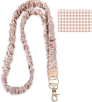Gingham Scrunchie Lanyard for Teacher, Retractable Stretchy Neck Lanyard for Keys, ID Badges Brown