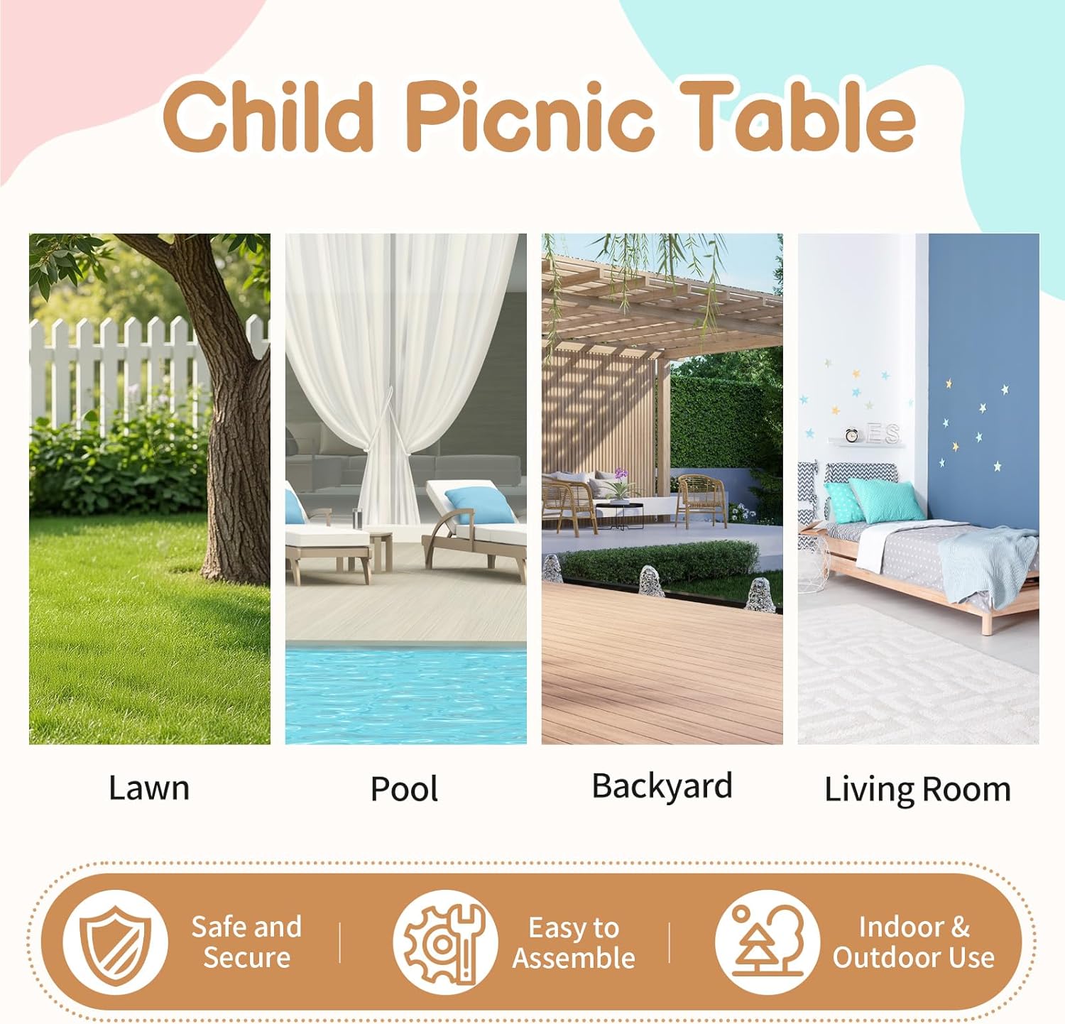 Kids Picnic Table, Wooden Toddler Picnic Table and Chair w/Removable Umbrella, Kids Outdoor Furniture for Patio Garden, Dark Brown