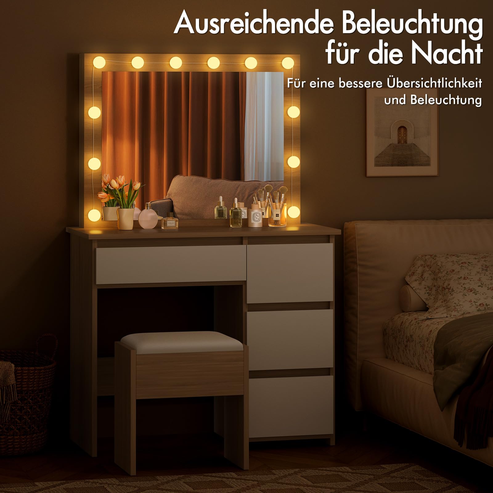 ALFORDSON Schminktisch Spiegel, Makeup Vanity 4 Schubladen und Aufbewahrungshocker, 90 cm Lange Schreibtischplatte, verstellbare LED-Leuchten, Schlafzimmer-Frisiertisch Frauen Mädchen,Holzfarbe