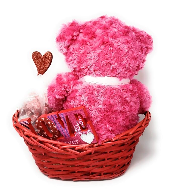 amazon com valentine s day gift for her wife girlfriend mom mother gift basket set reusable willow basket pink bow plush bear valentines vase valentines candy grocery gourmet food