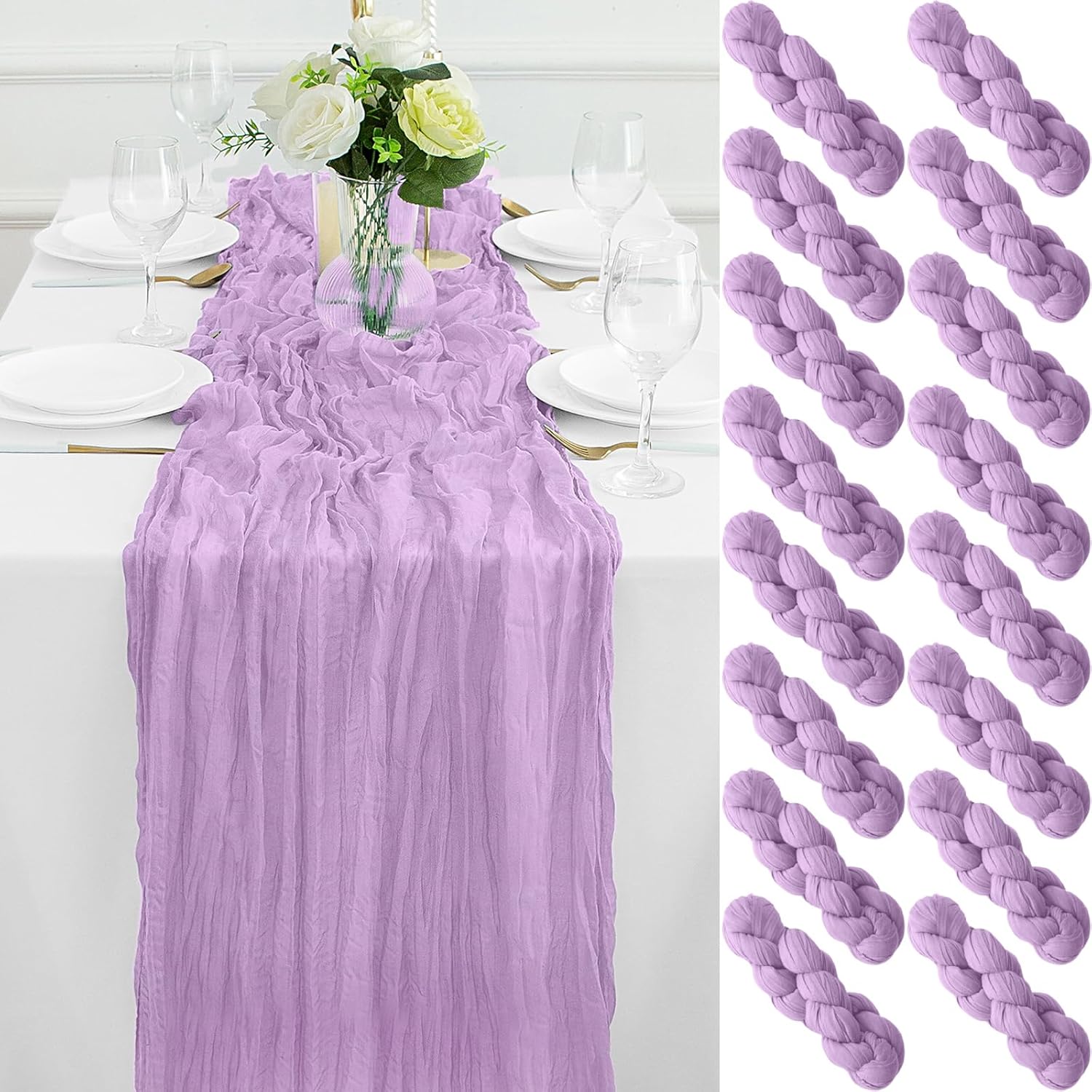 16Pack Lavender Table Runner 10FT Cheesecloth Table Runner 35x120Inch Long Boho Cheese Cloth Table Runners Rustic Gauze Table Runners for Party Wedding Bridal Shower Baby Shower Decorations
