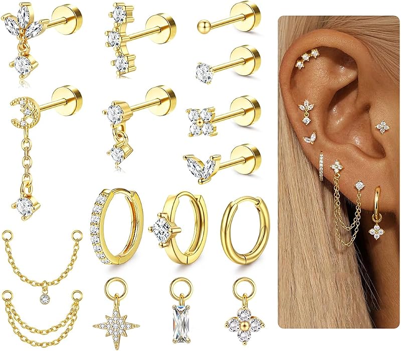 16 Gauge Cartilage Earrings for Women Flat Back Earrings