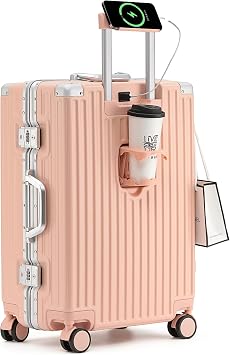 Hard Shell Suitcase Cabin Size Cheap Cabin Luggage Suitcase Medium 4 Wheels Lightweight with USB Charger Cup Holder zipperless Luggage,Pink,20in