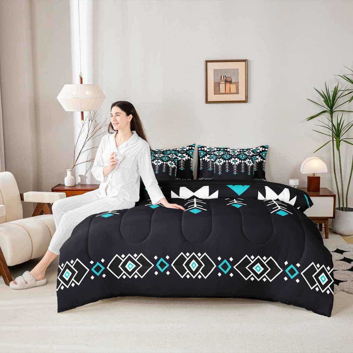 Erosebridal Queen Western Aztec Bed in A Bag 7 Piece for Boys, Native American Navajo Comforter Set Rustic Southwestern Bedding Set Ethnic American Native Geometric Sheet Sets for Teens Adult, Black - Image 6