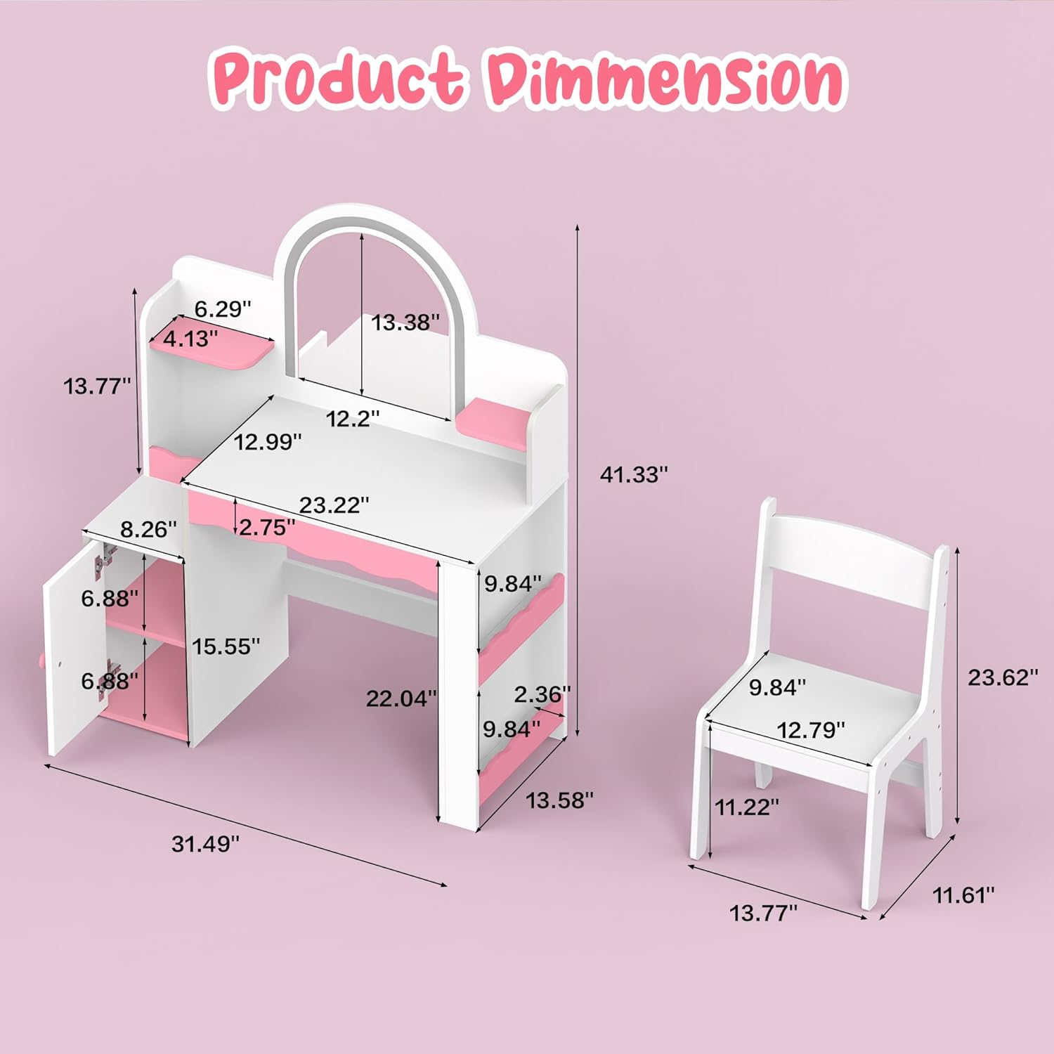 Kids Vanity with Lights and Chair Set, Princess Vanity Table for Girls, Toddler Makeup Vanity with LED Mirror and Open Storage Shelves, White Pink Furniture for Bedroom Playroom