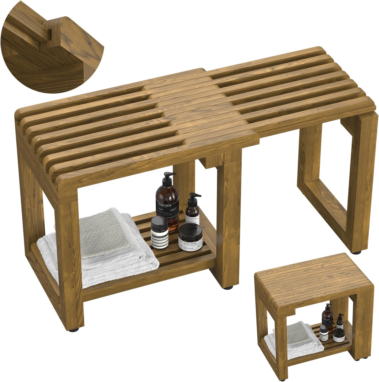 Update Adjustable Wooden Shower Benches for Inside Shower, 26.4'' Wood Shower Bench Waterproof, 440lbs Bathroom Bench with Storage, Sauna Bench for Bathroom, Shower Chairs for Seniors Adults Elderly